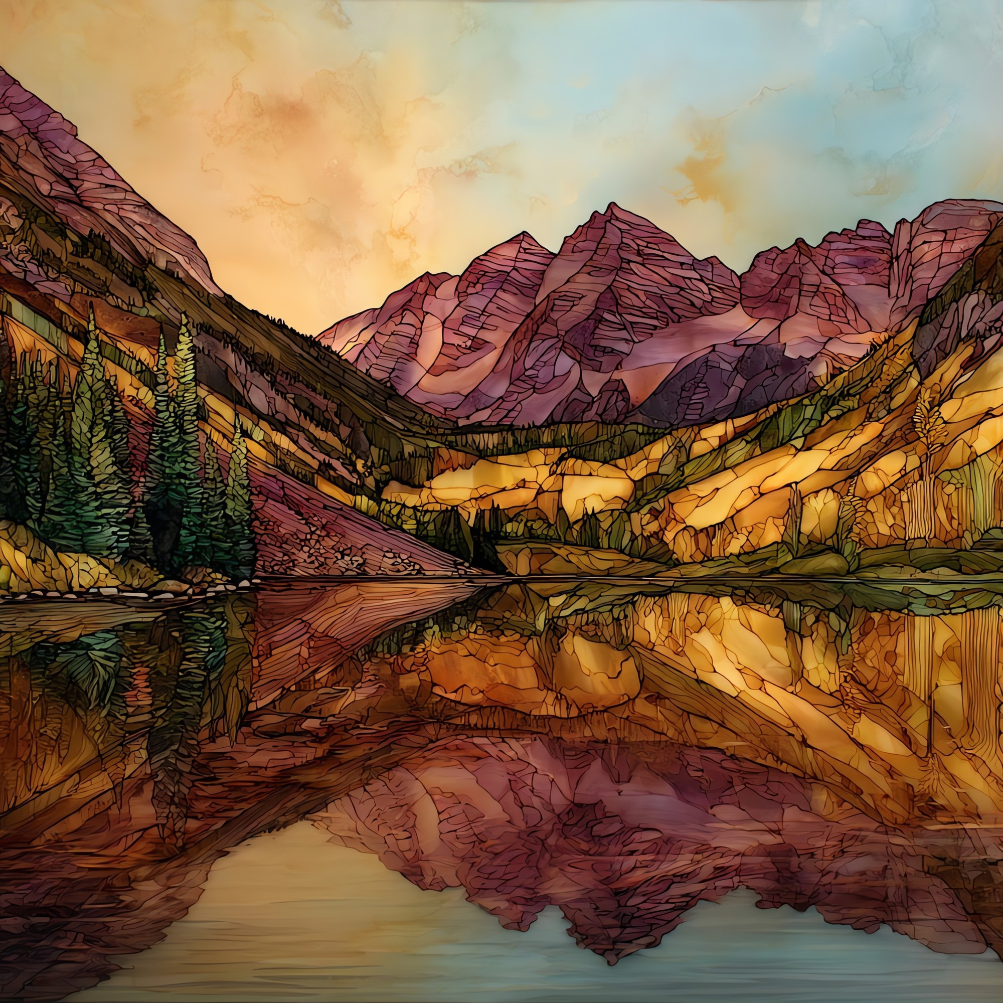 Maroon Lake reflection Elk Range Ceramic Art Tile