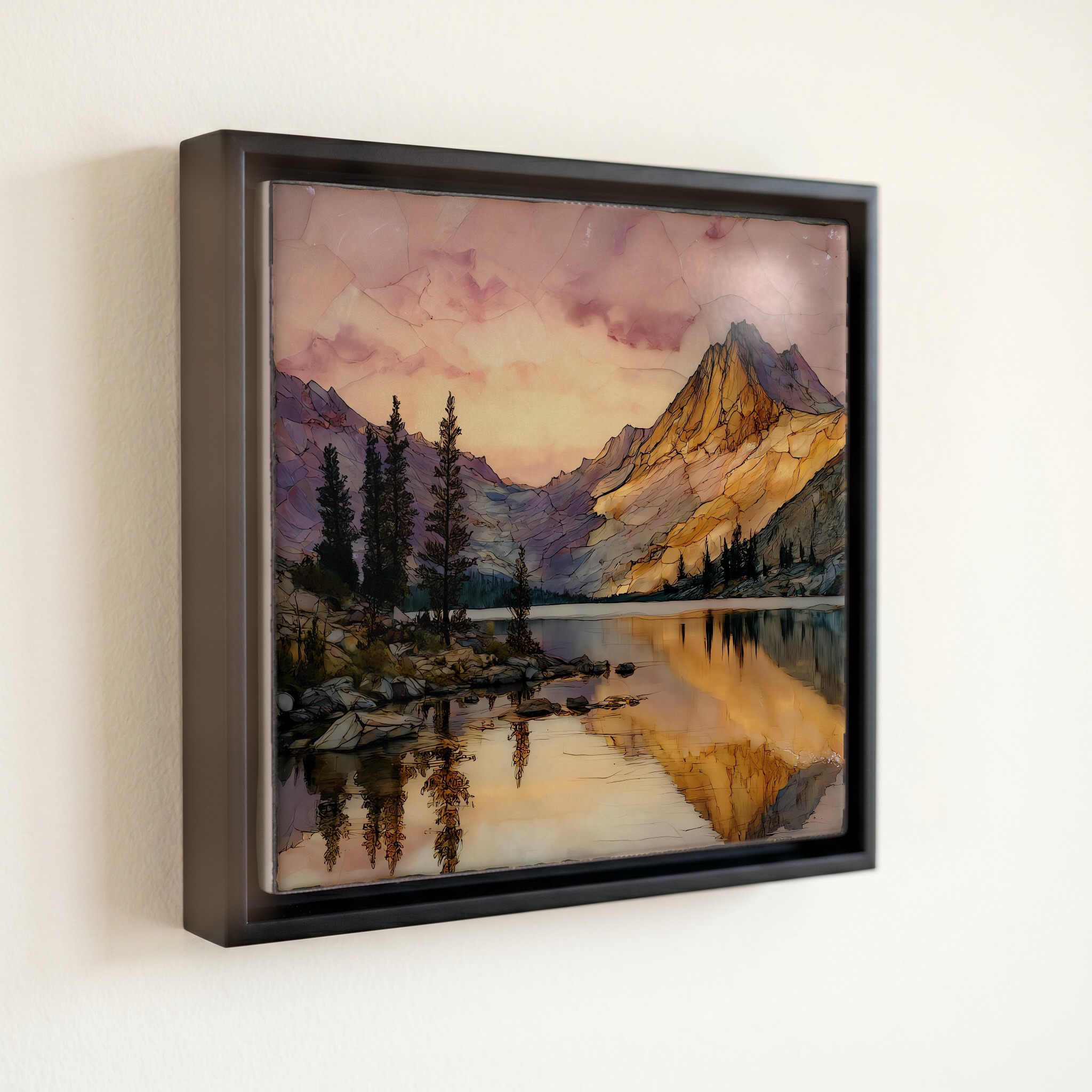 shown in a slim black floating frame · 6 × 6 in