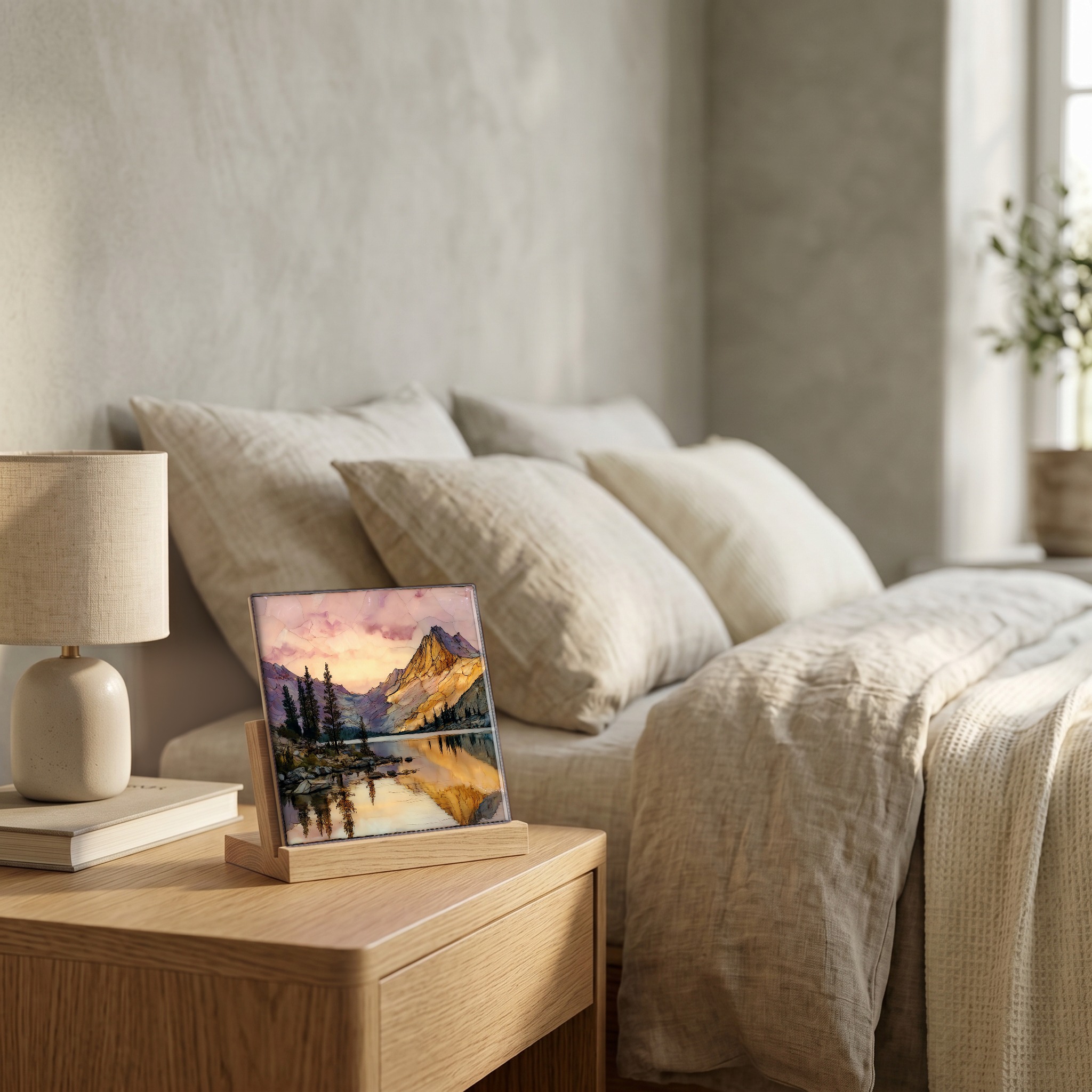 On the nightstand, on a light oak stand.