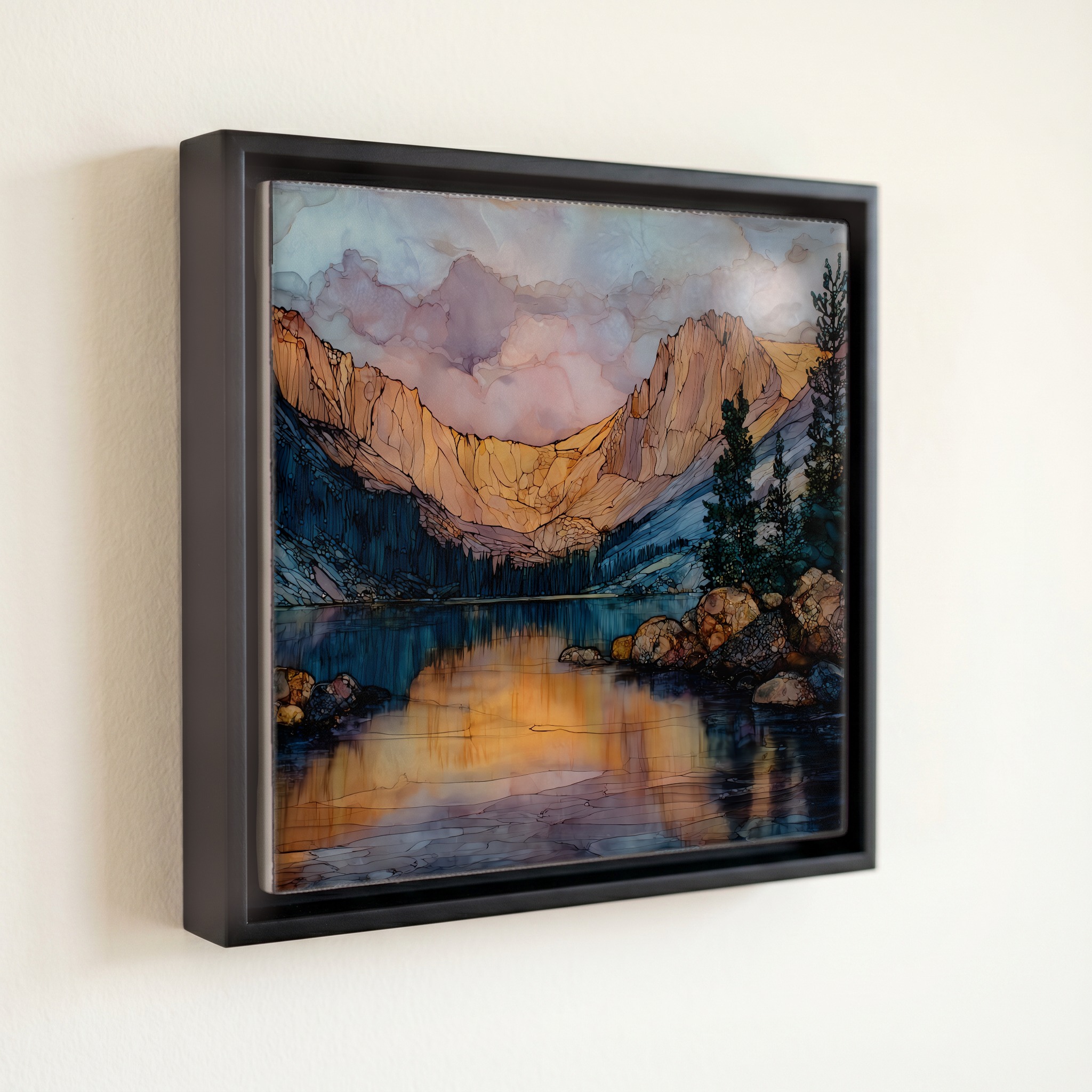 shown in a slim black floating frame · 6 × 6 in