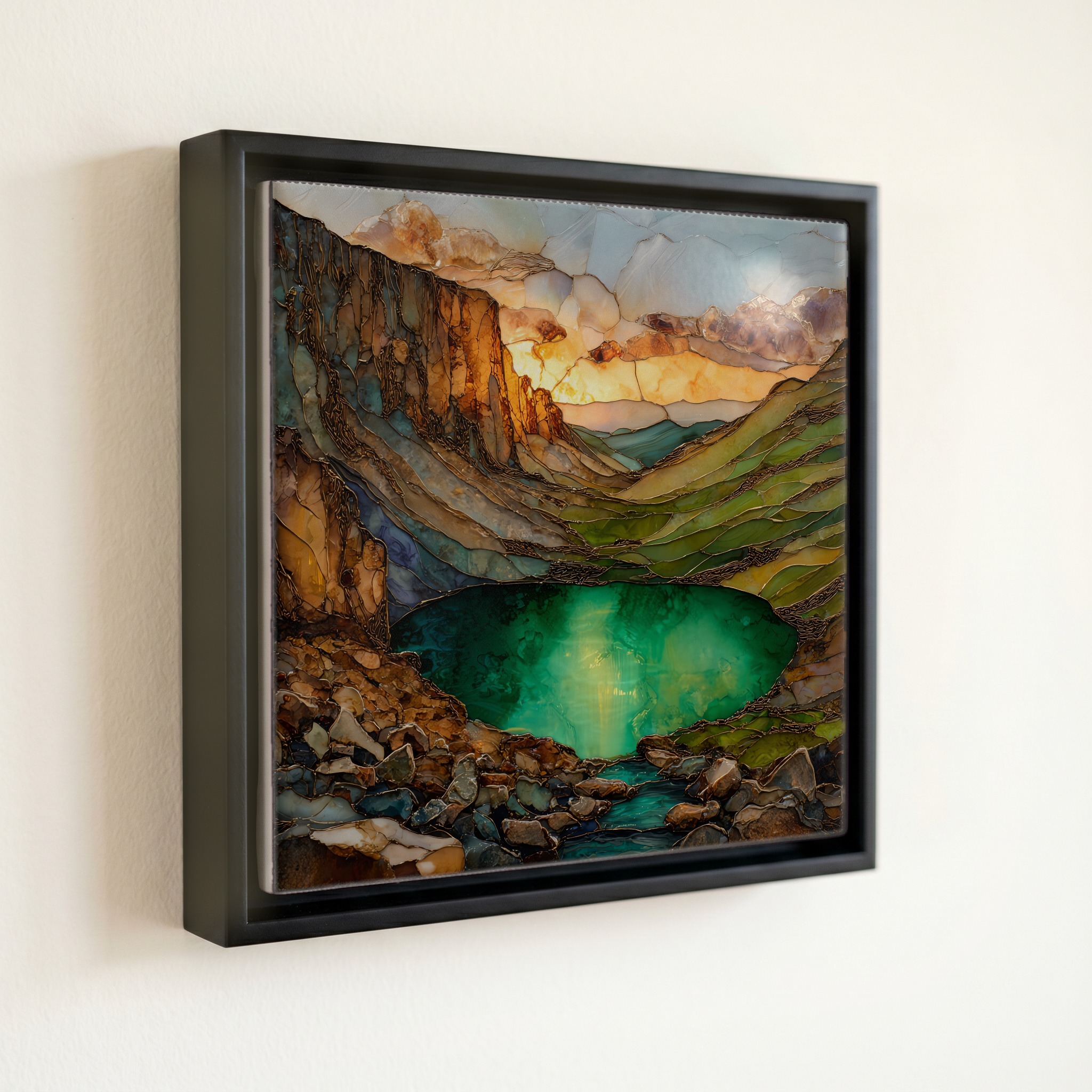 shown in a slim black floating frame · 6 × 6 in