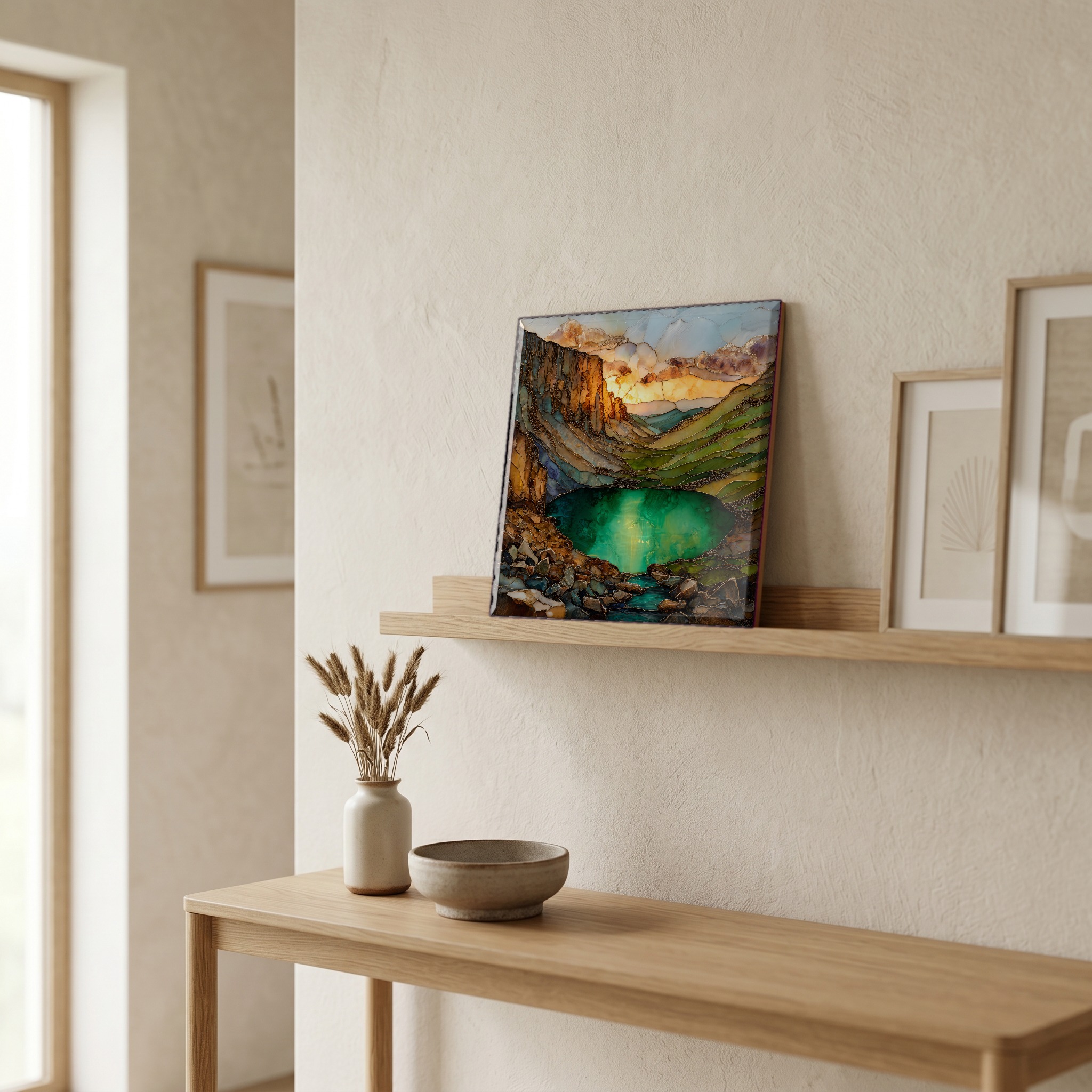 On a picture ledge, where the light comes in.