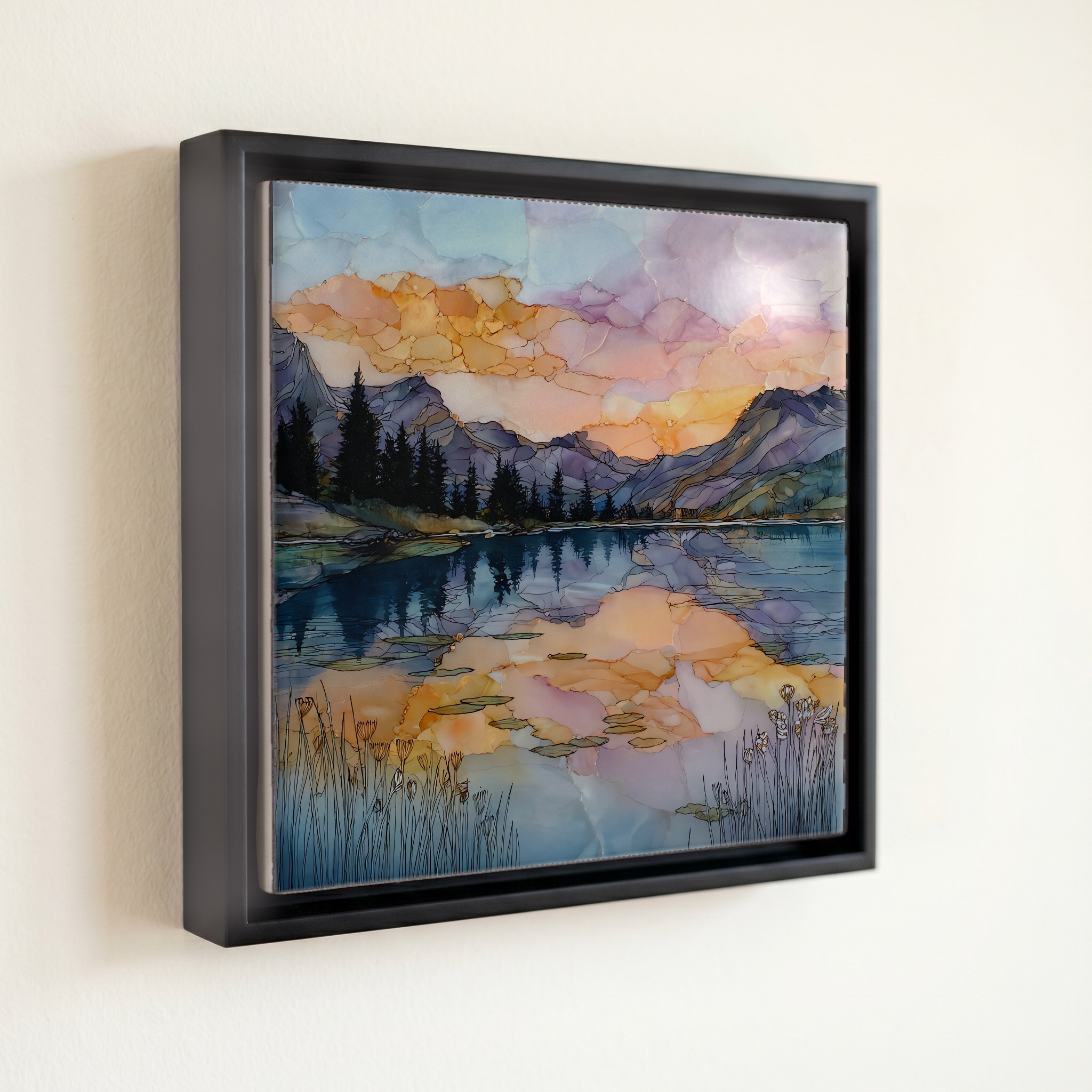 shown in a slim black floating frame · 6 × 6 in