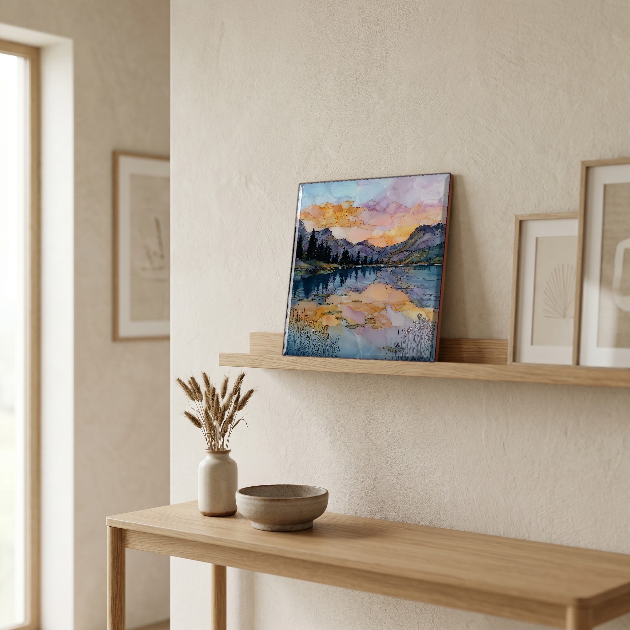 On a picture ledge, where the light comes in.