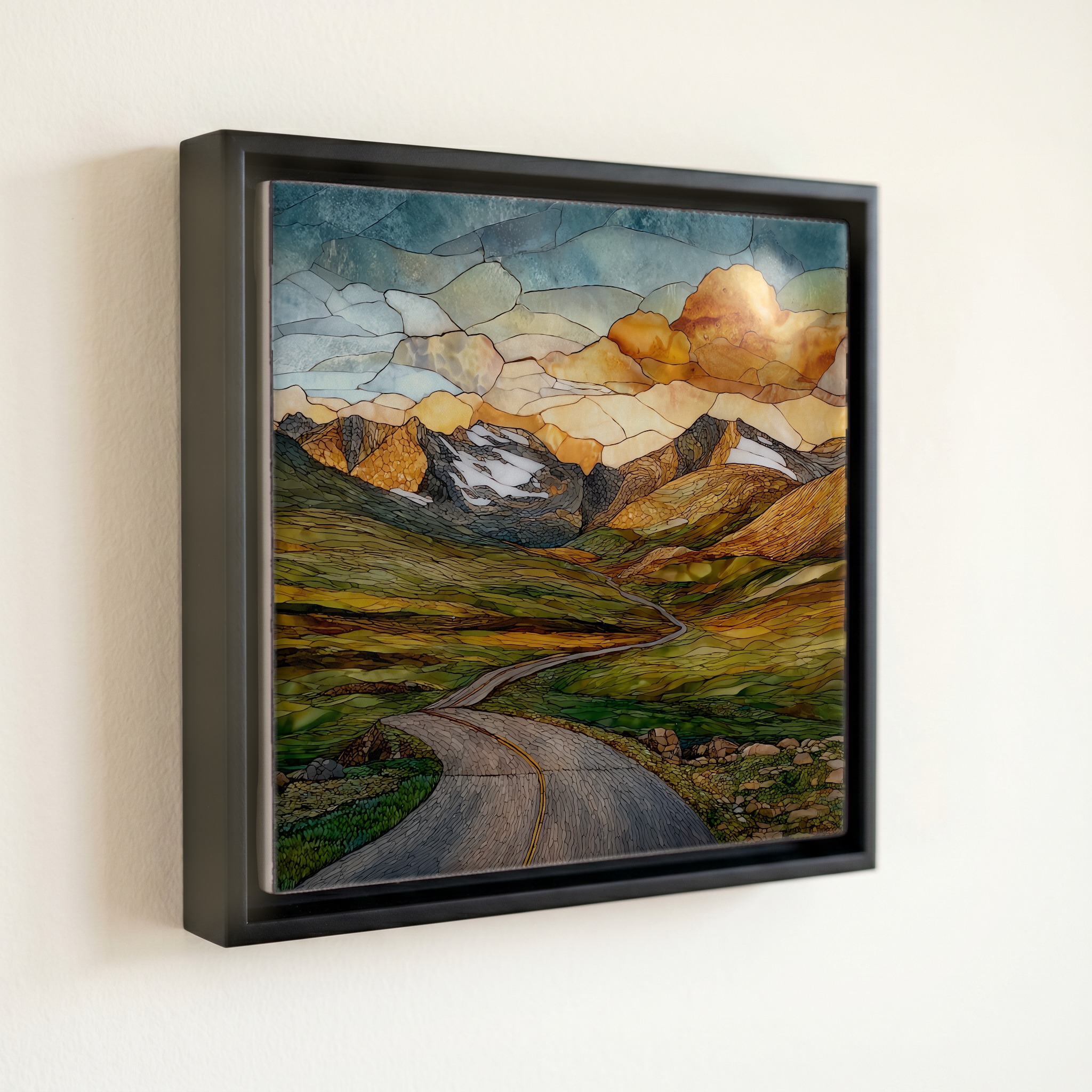 shown in a slim black floating frame · 6 × 6 in
