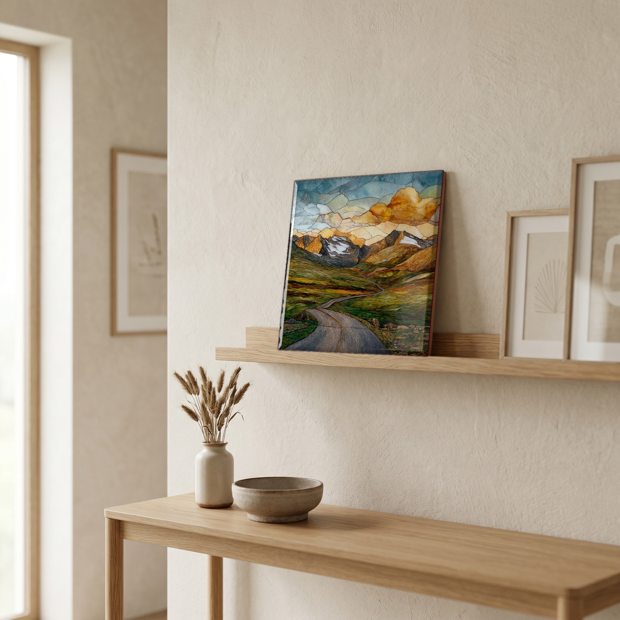 On a picture ledge, where the light comes in.