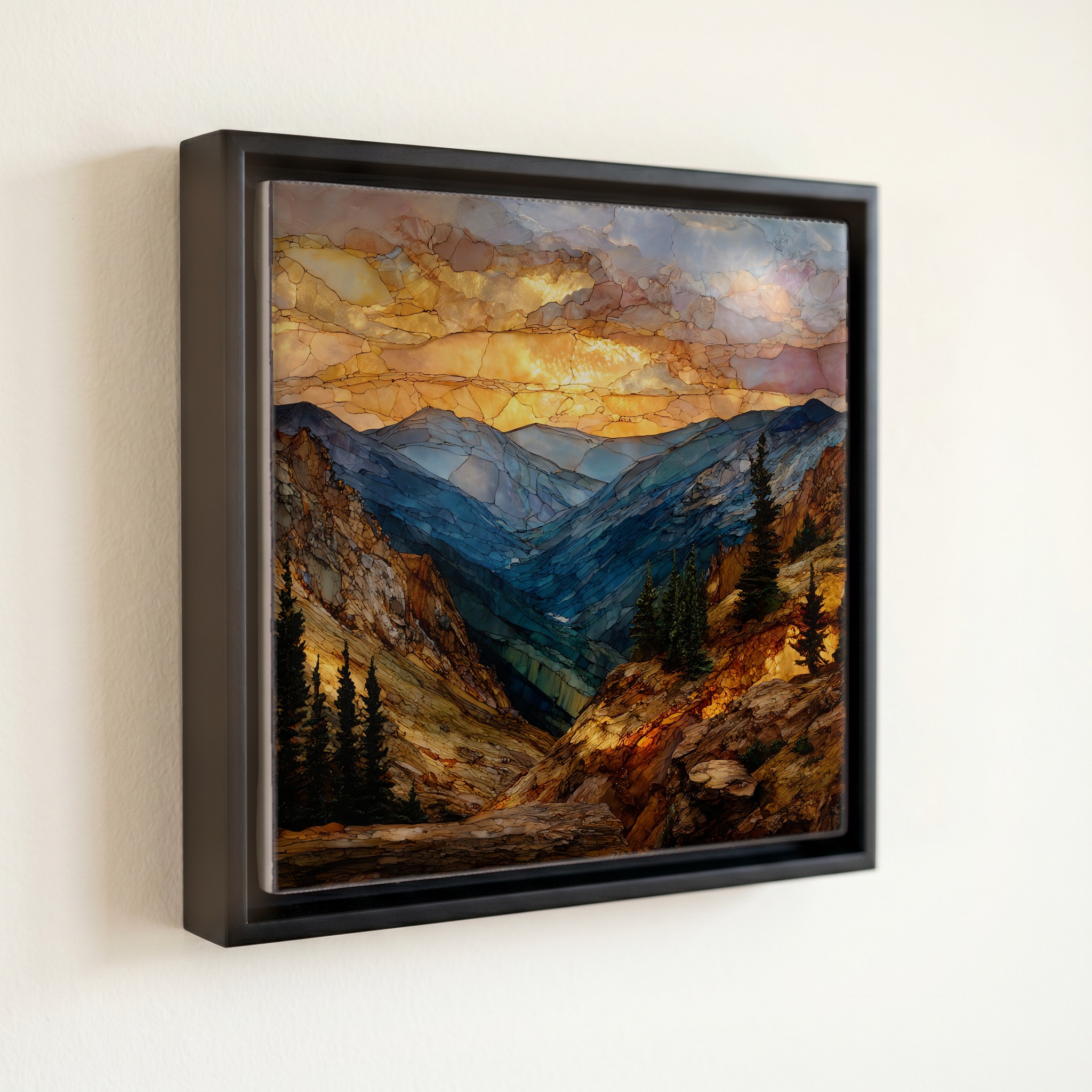 shown in a slim black floating frame · 6 × 6 in