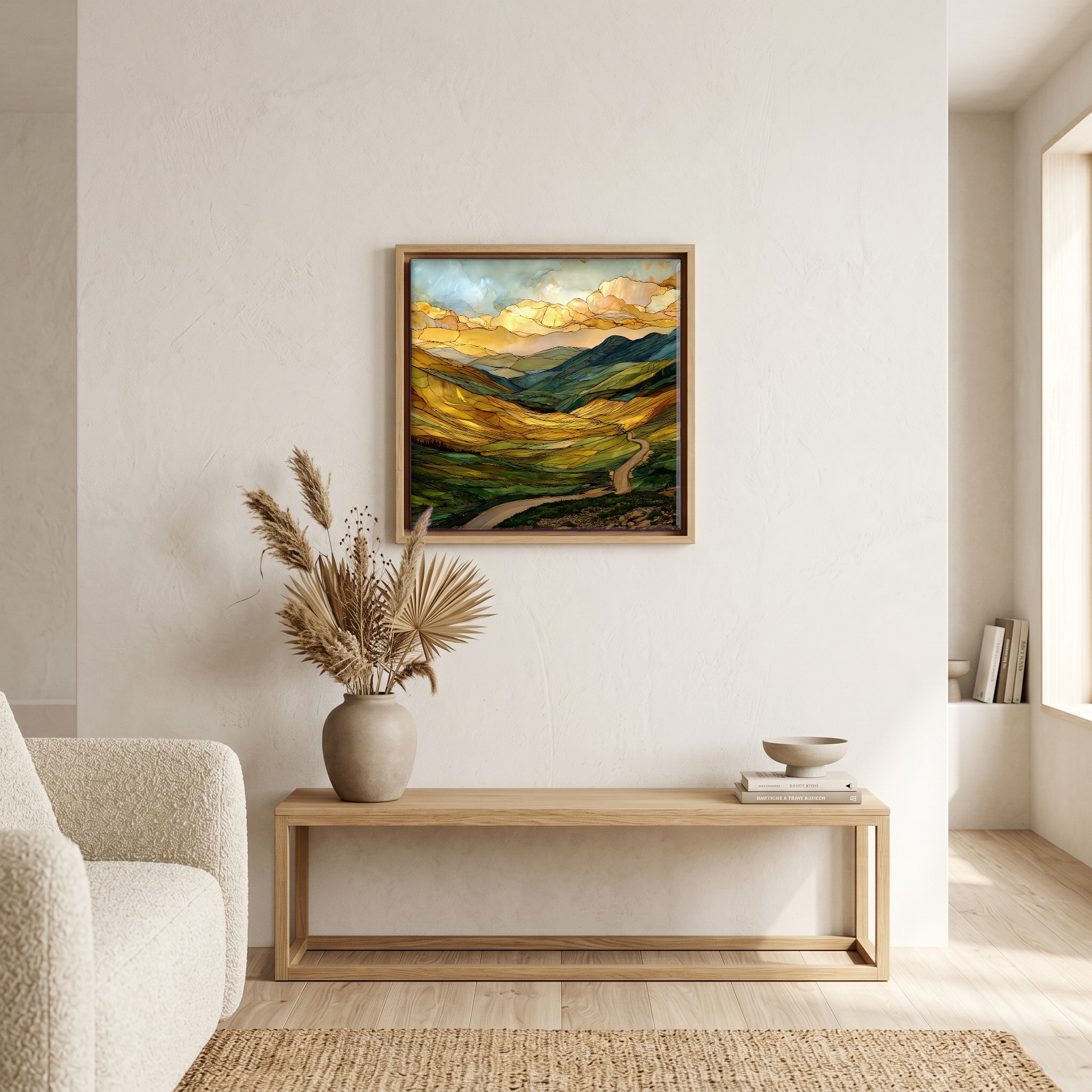 Above the bench, in a warm oak surround.