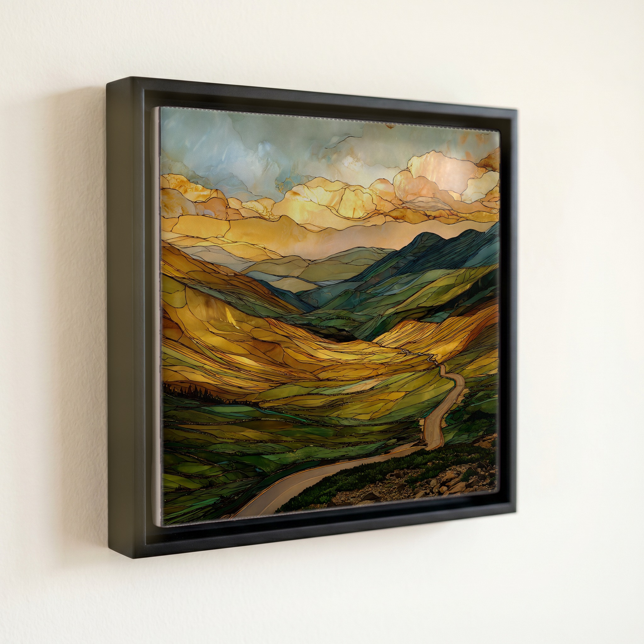 shown in a slim black floating frame · 6 × 6 in