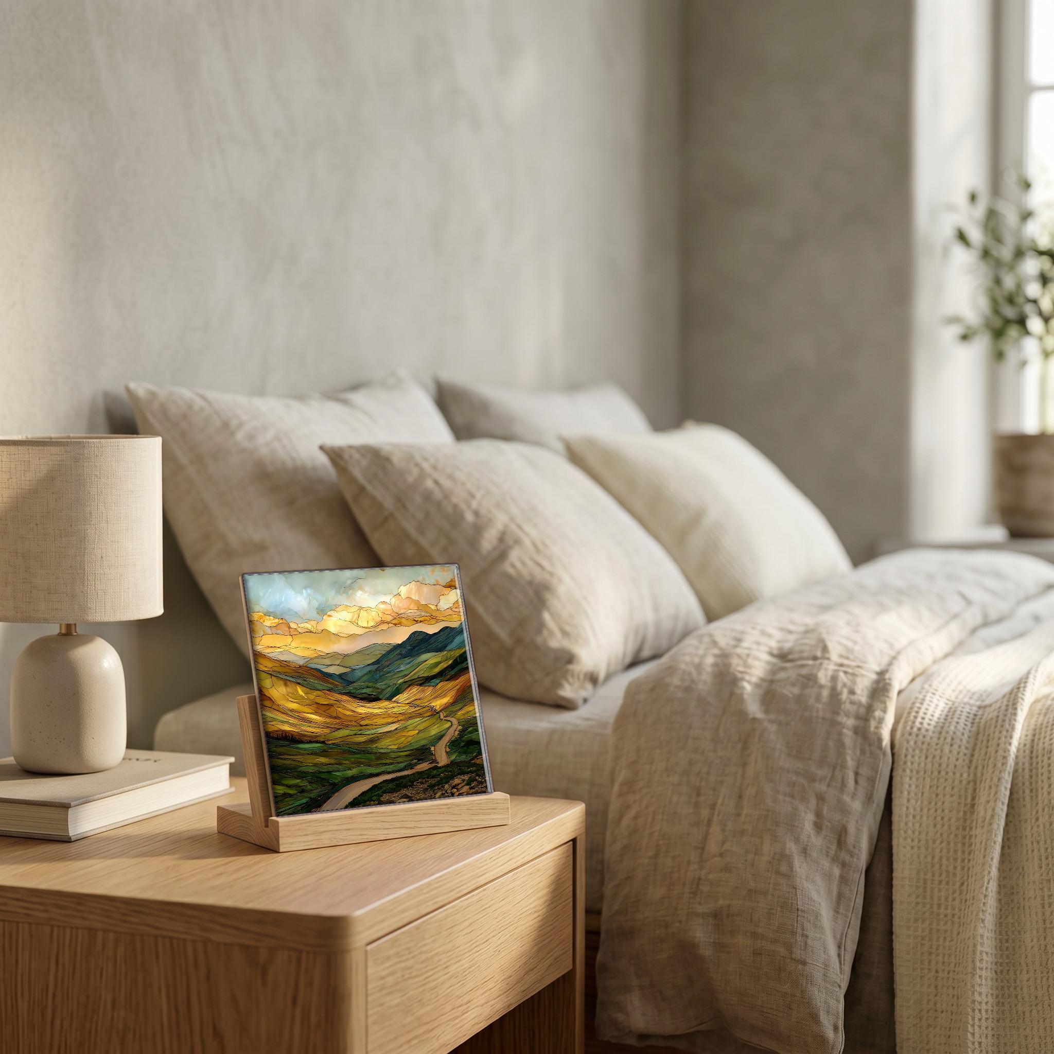 On the nightstand, on a light oak stand.