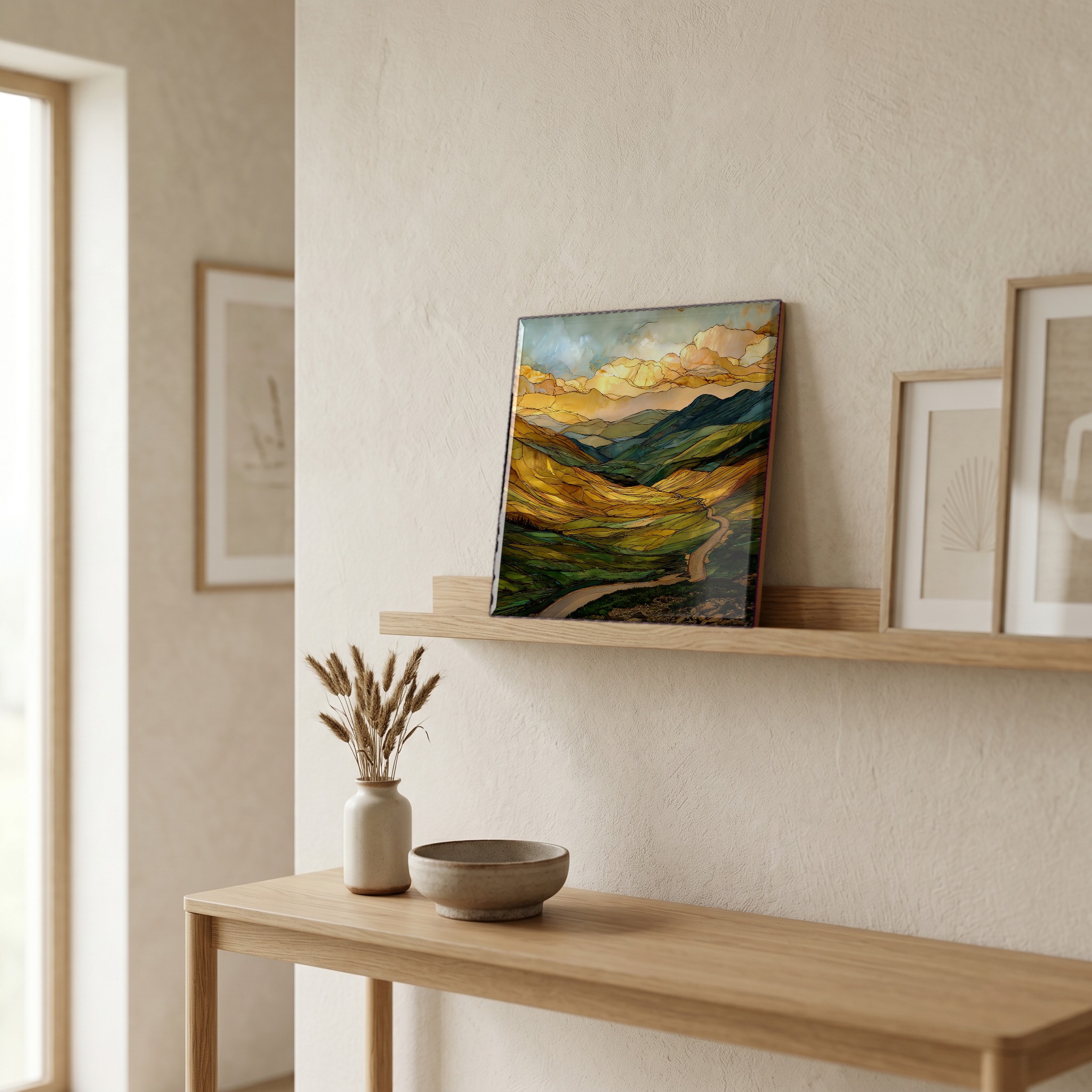 On a picture ledge, where the light comes in.