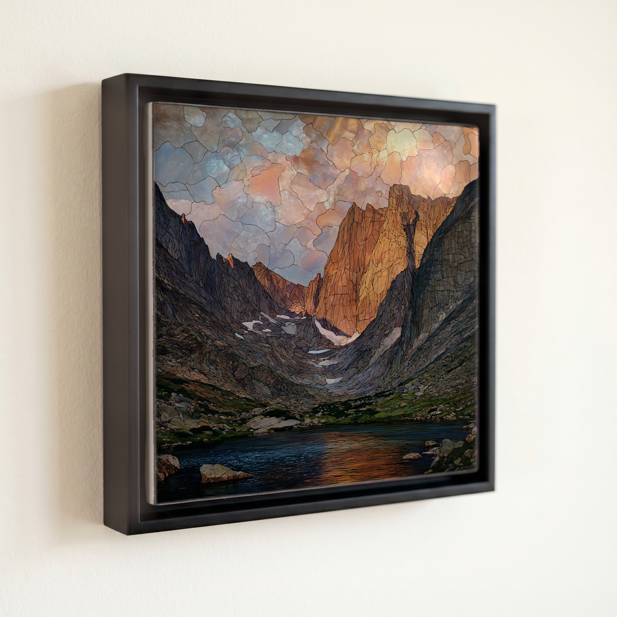 shown in a slim black floating frame · 6 × 6 in