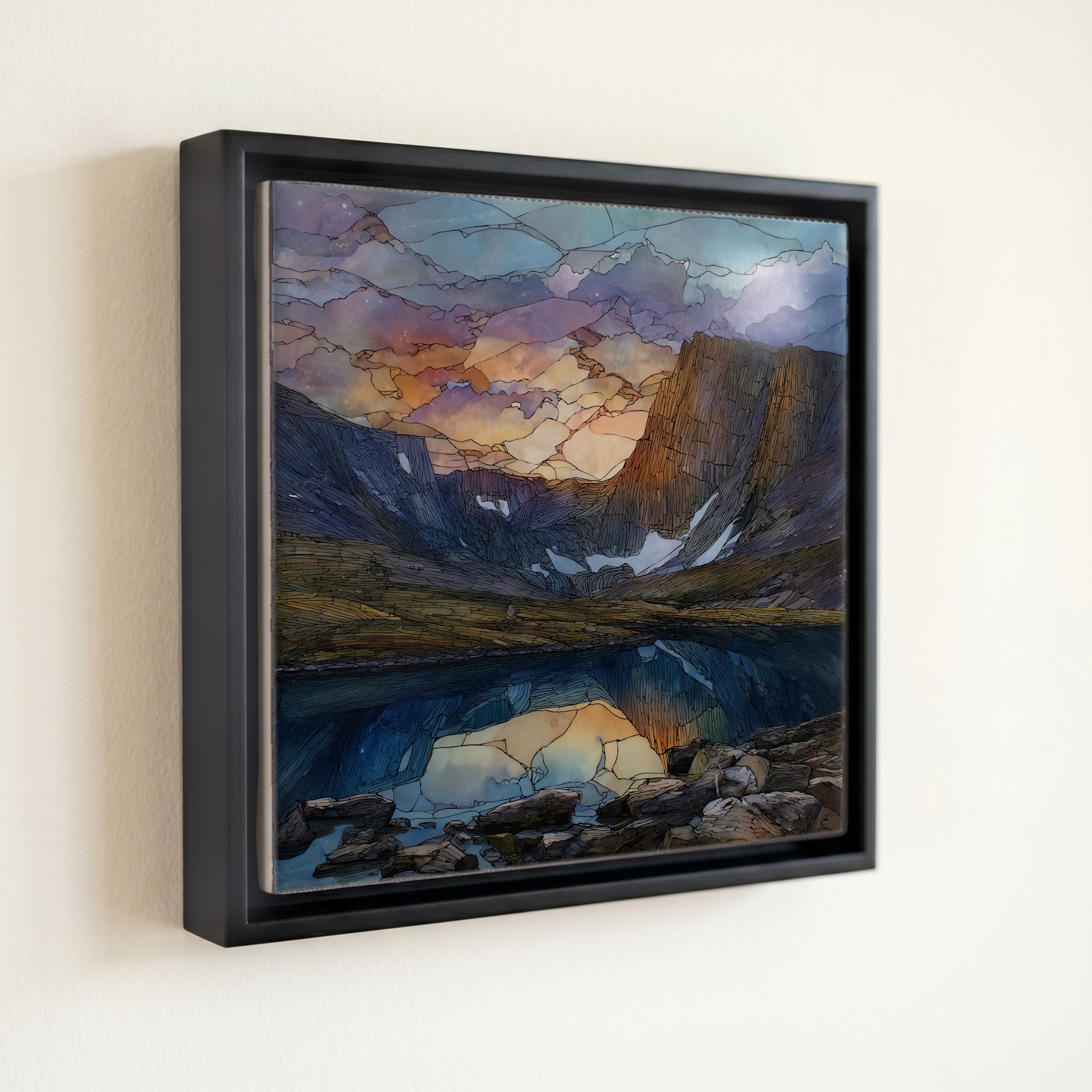 shown in a slim black floating frame · 6 × 6 in