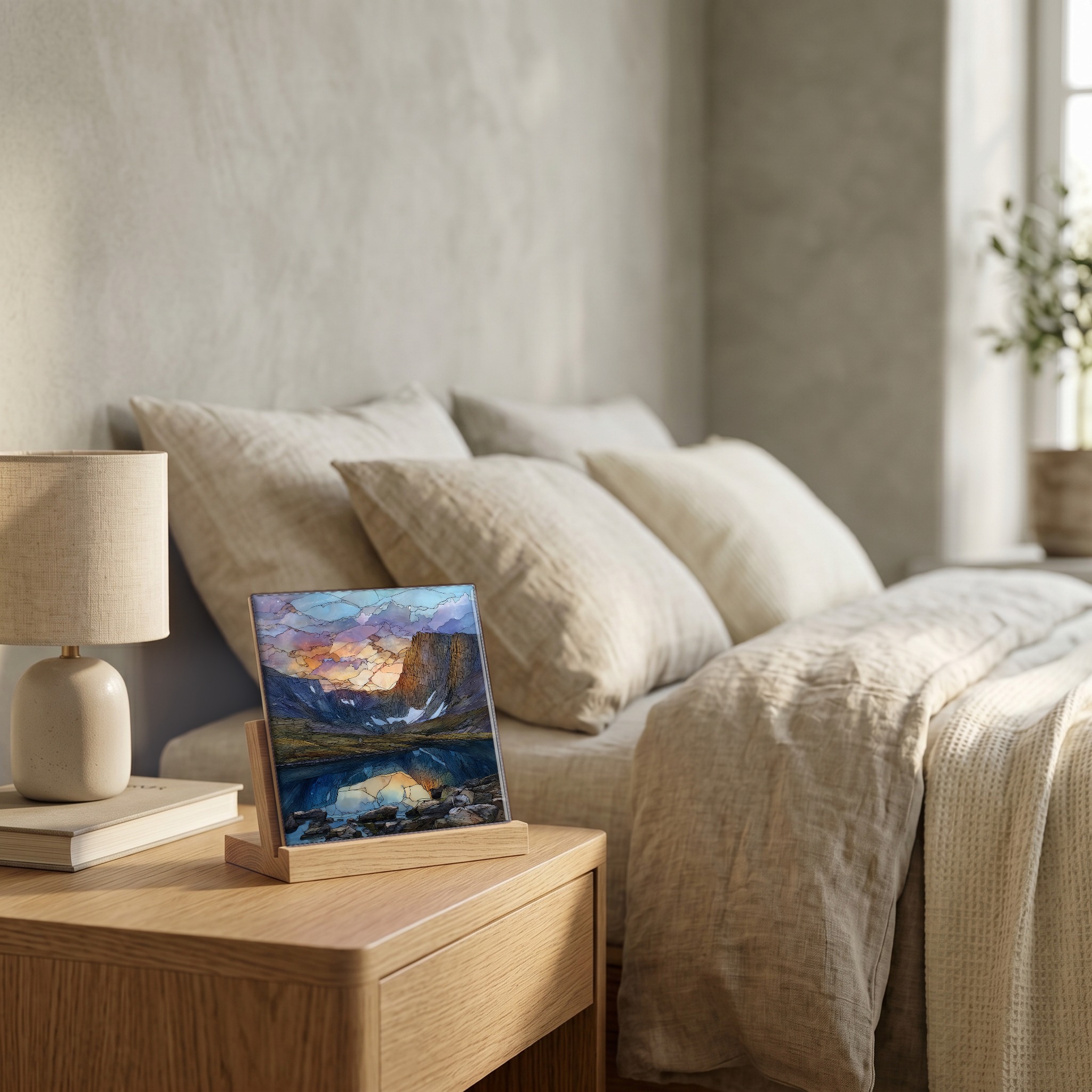 On the nightstand, on a light oak stand.