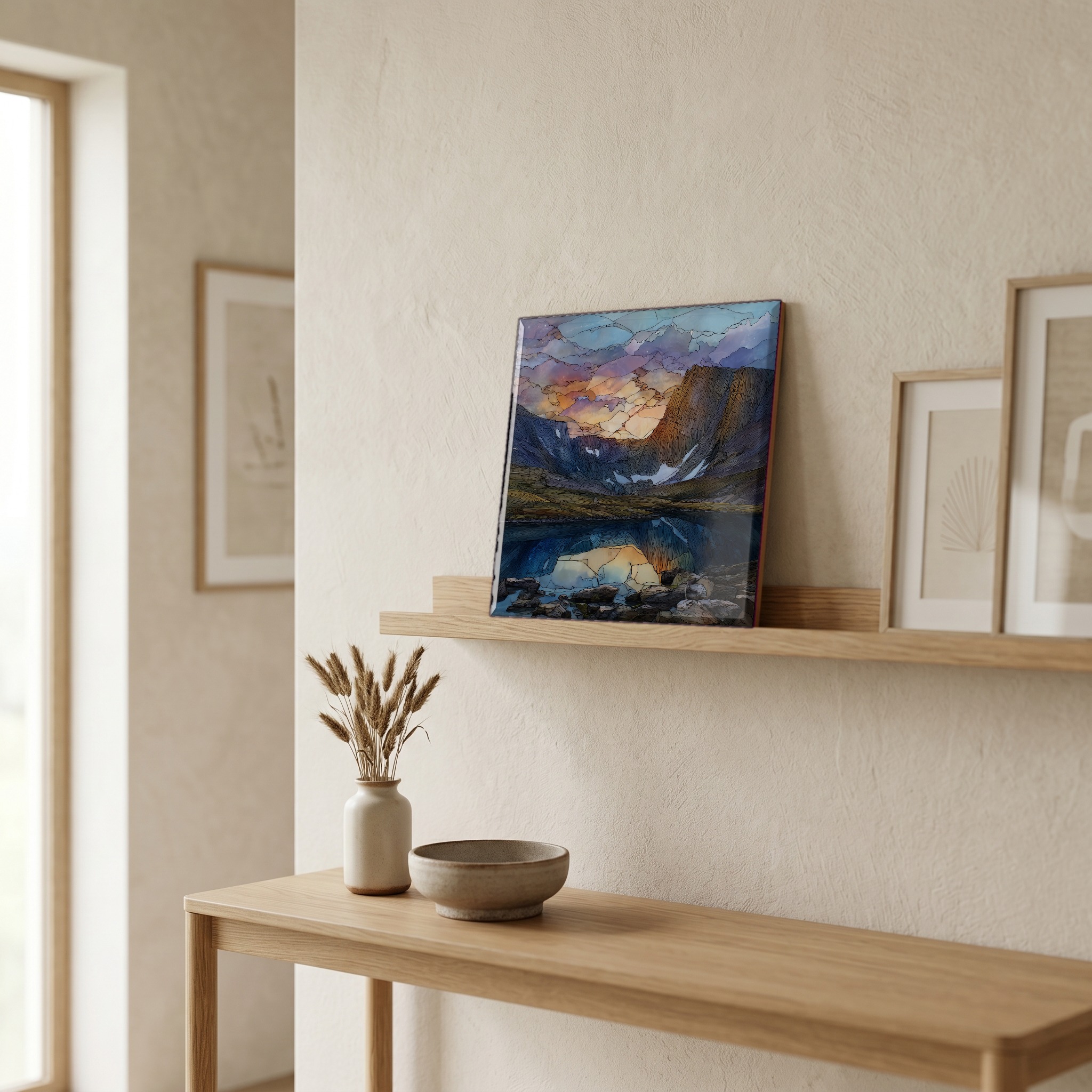 On a picture ledge, where the light comes in.