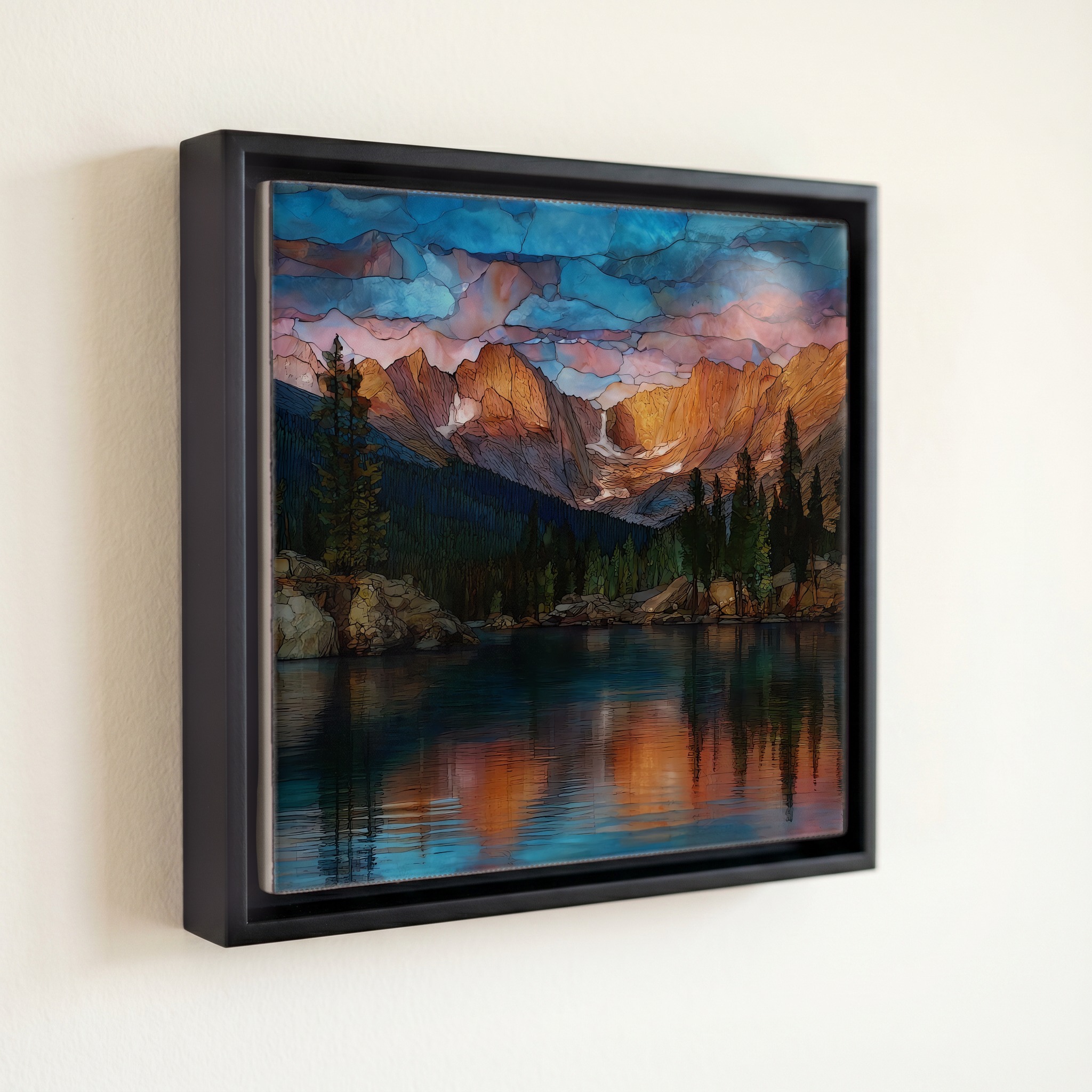 shown in a slim black floating frame · 6 × 6 in