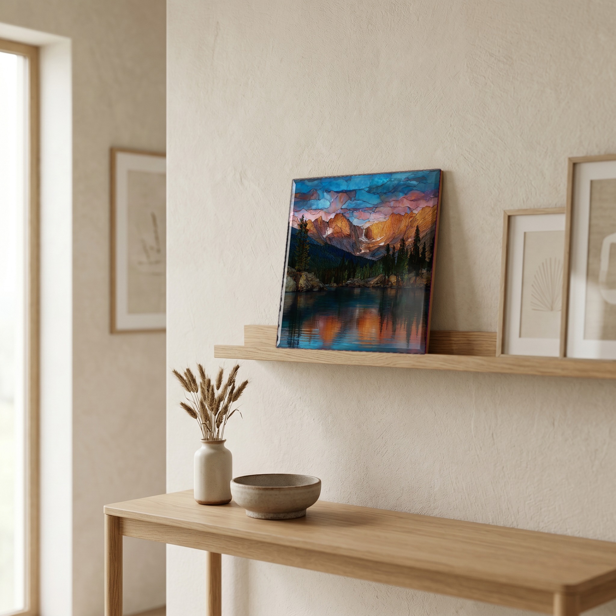 On a picture ledge, where the light comes in.