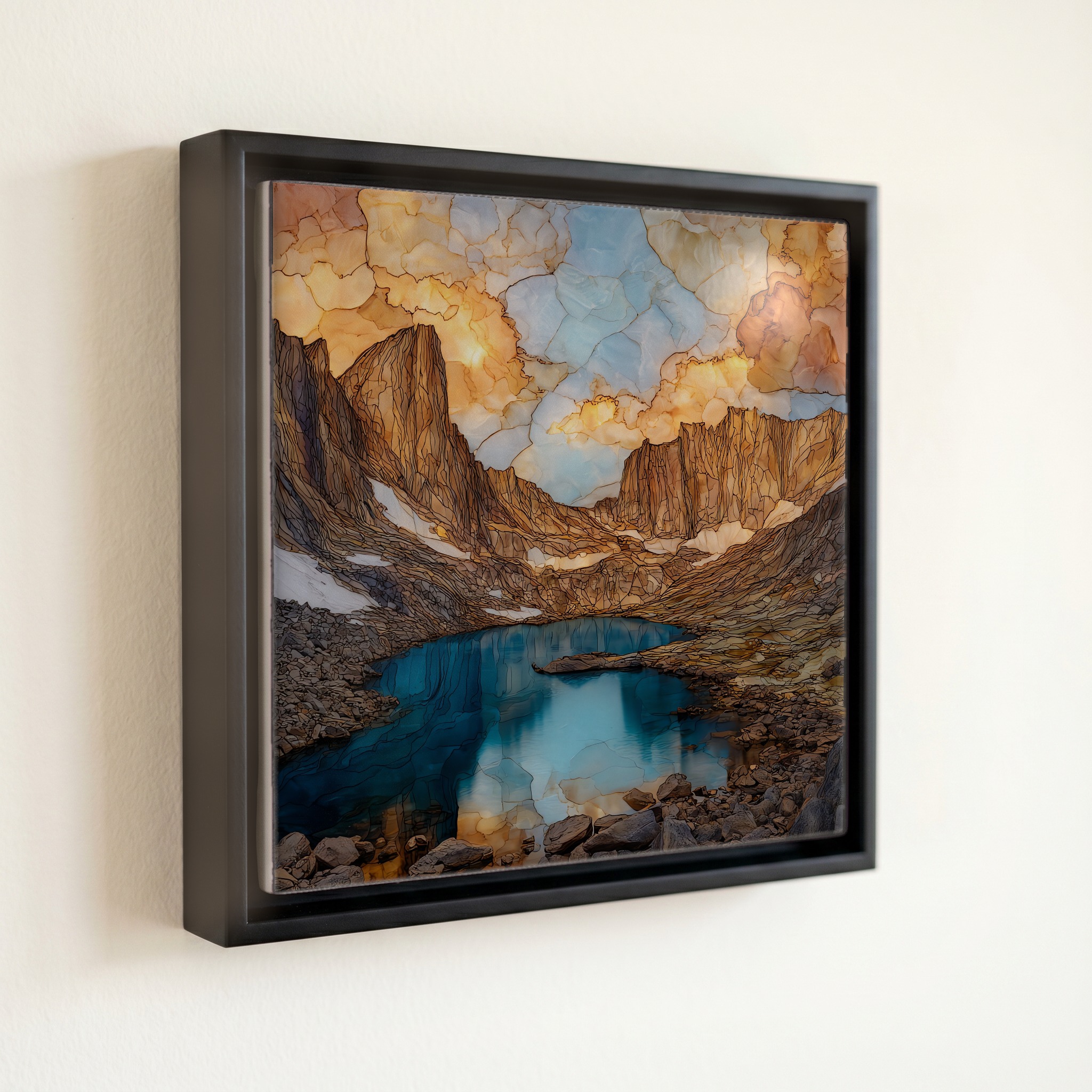 shown in a slim black floating frame · 6 × 6 in