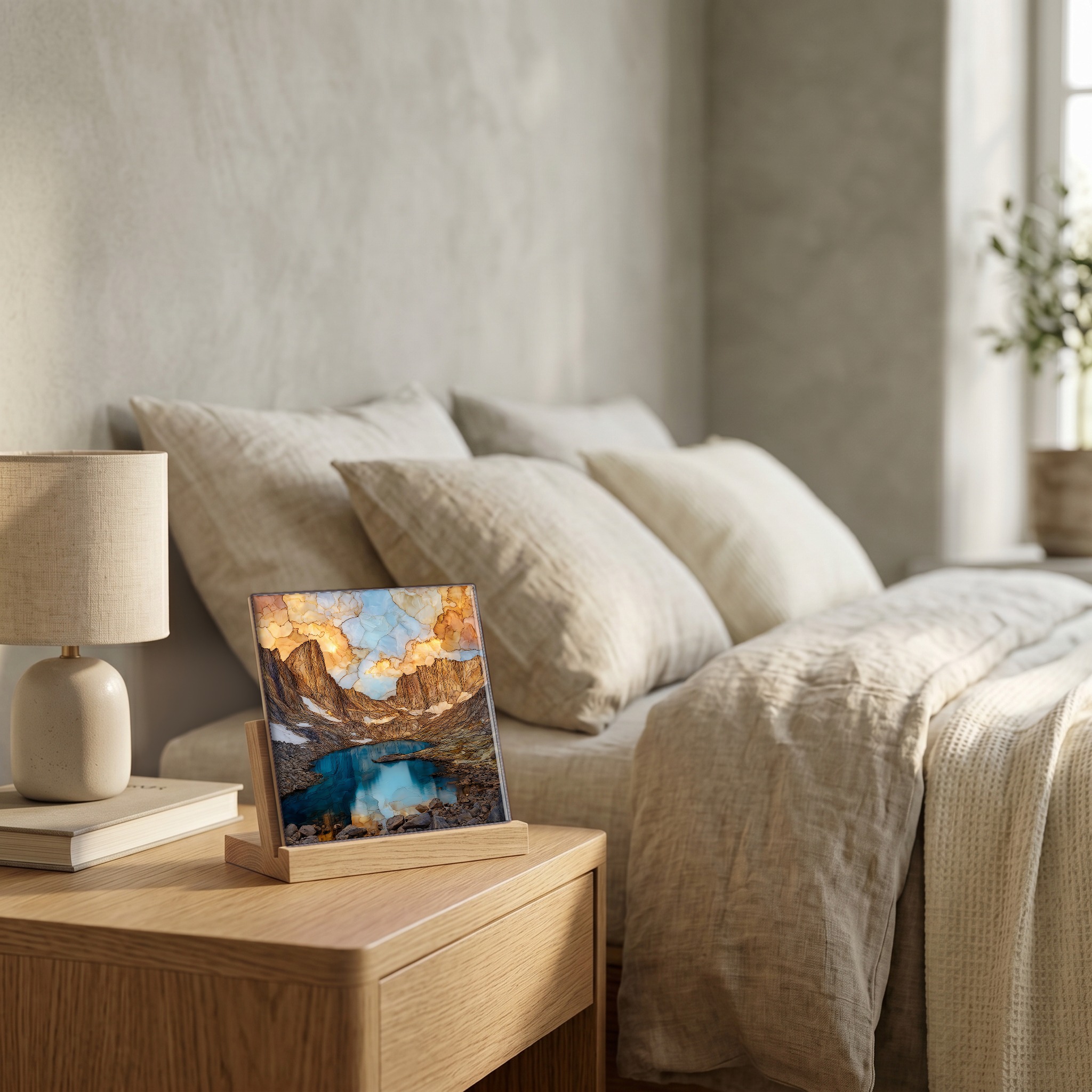 On the nightstand, on a light oak stand.