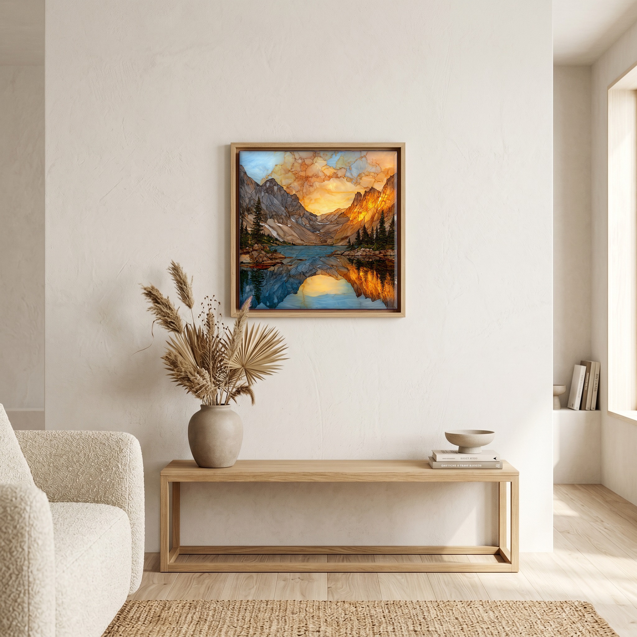 Above the bench, in a warm oak surround.