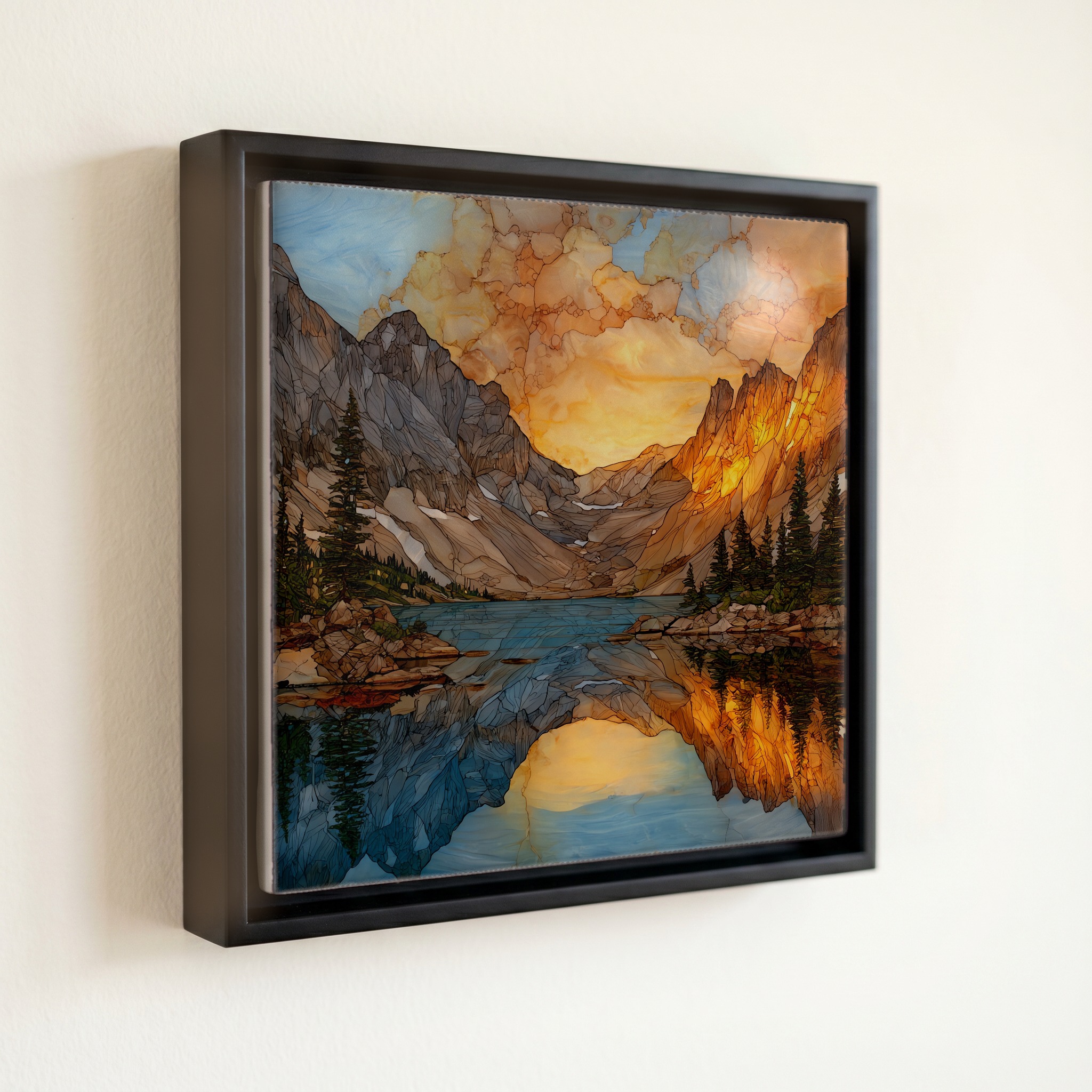 shown in a slim black floating frame · 6 × 6 in