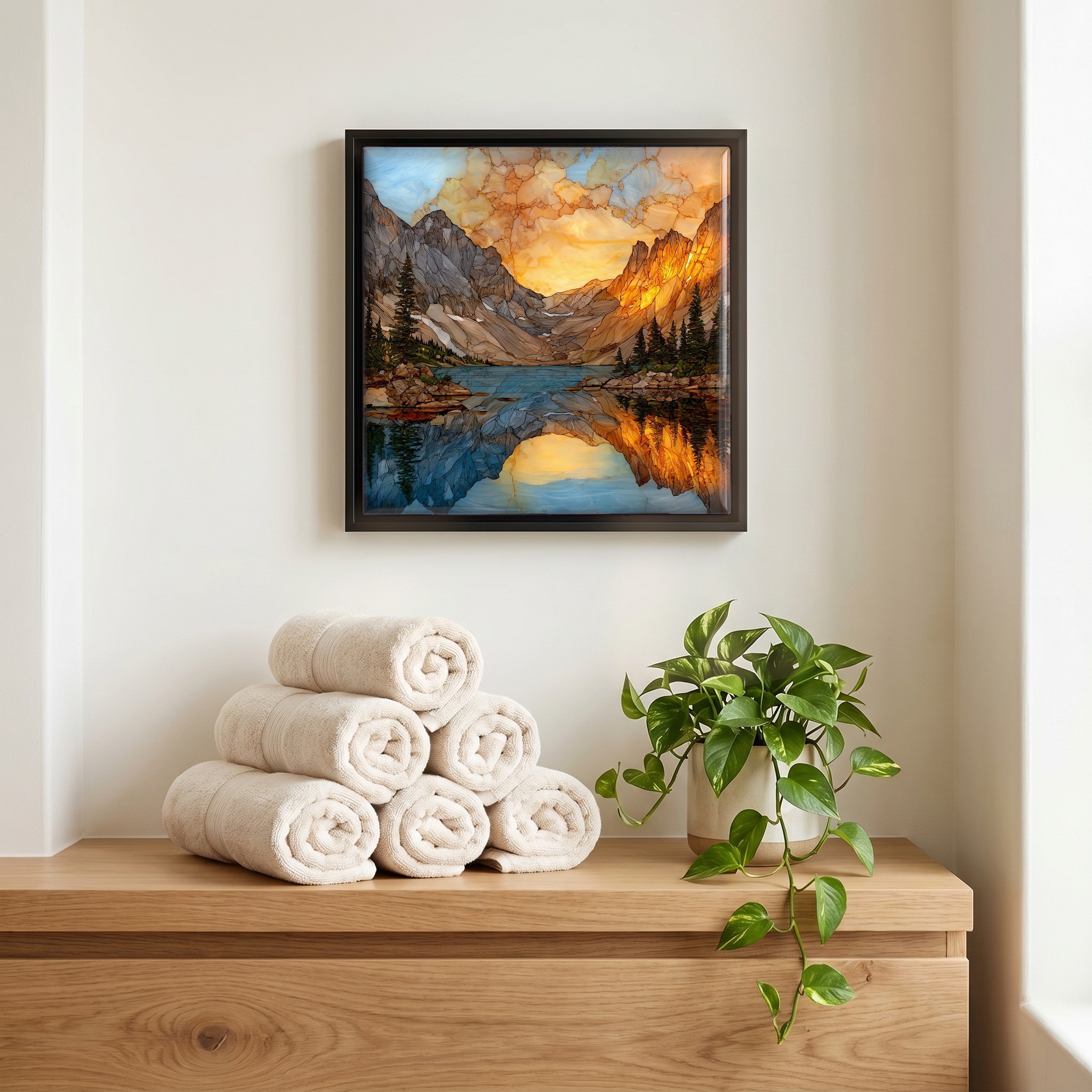 Above the linens, in a slim black surround.