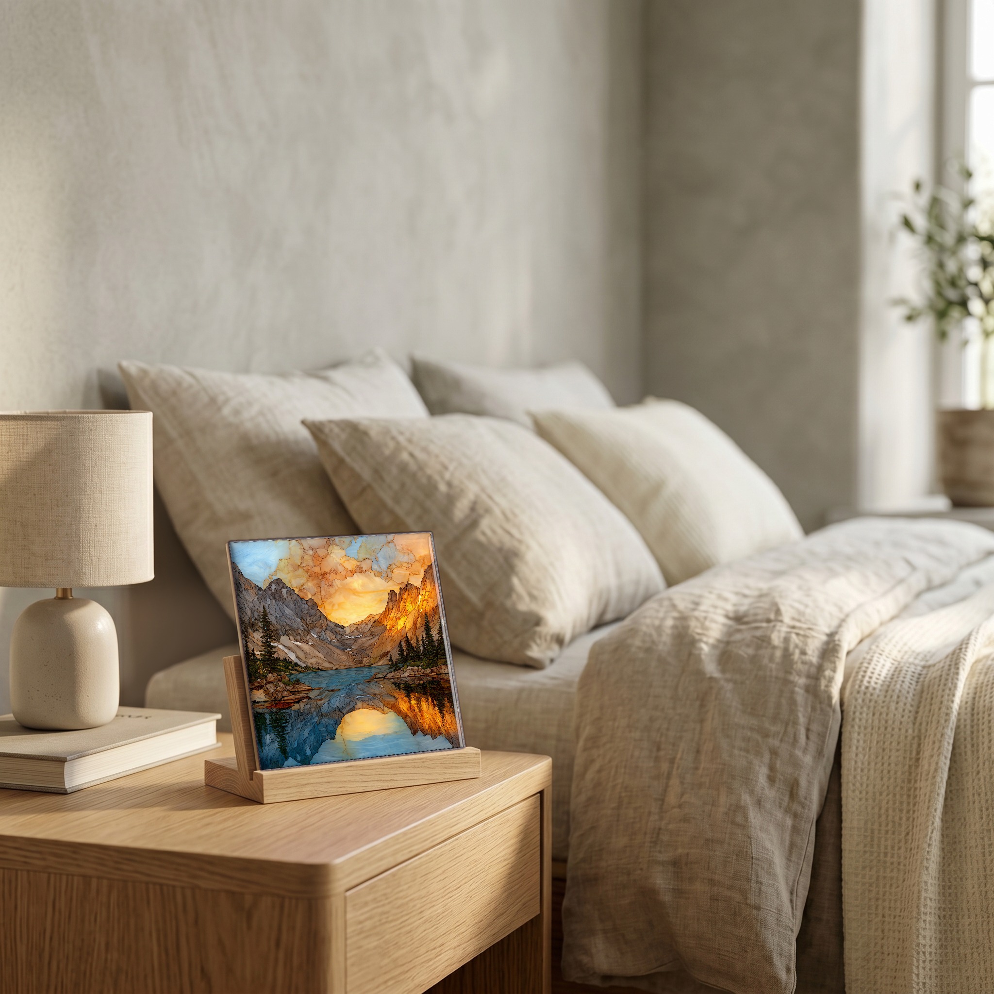 On the nightstand, on a light oak stand.