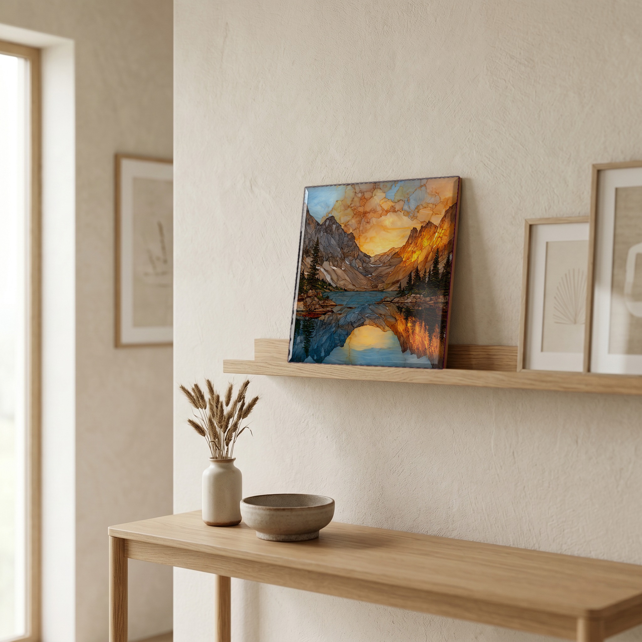 On a picture ledge, where the light comes in.