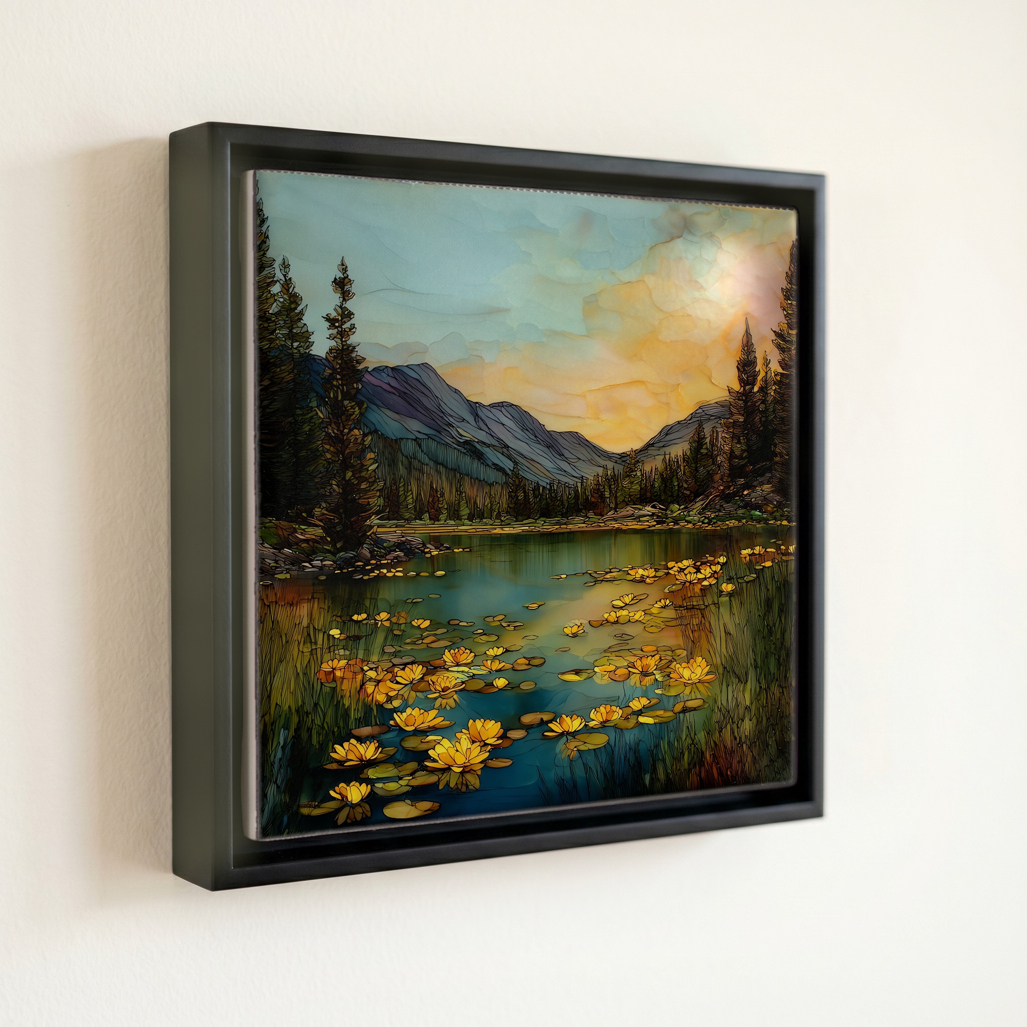 shown in a slim black floating frame · 6 × 6 in