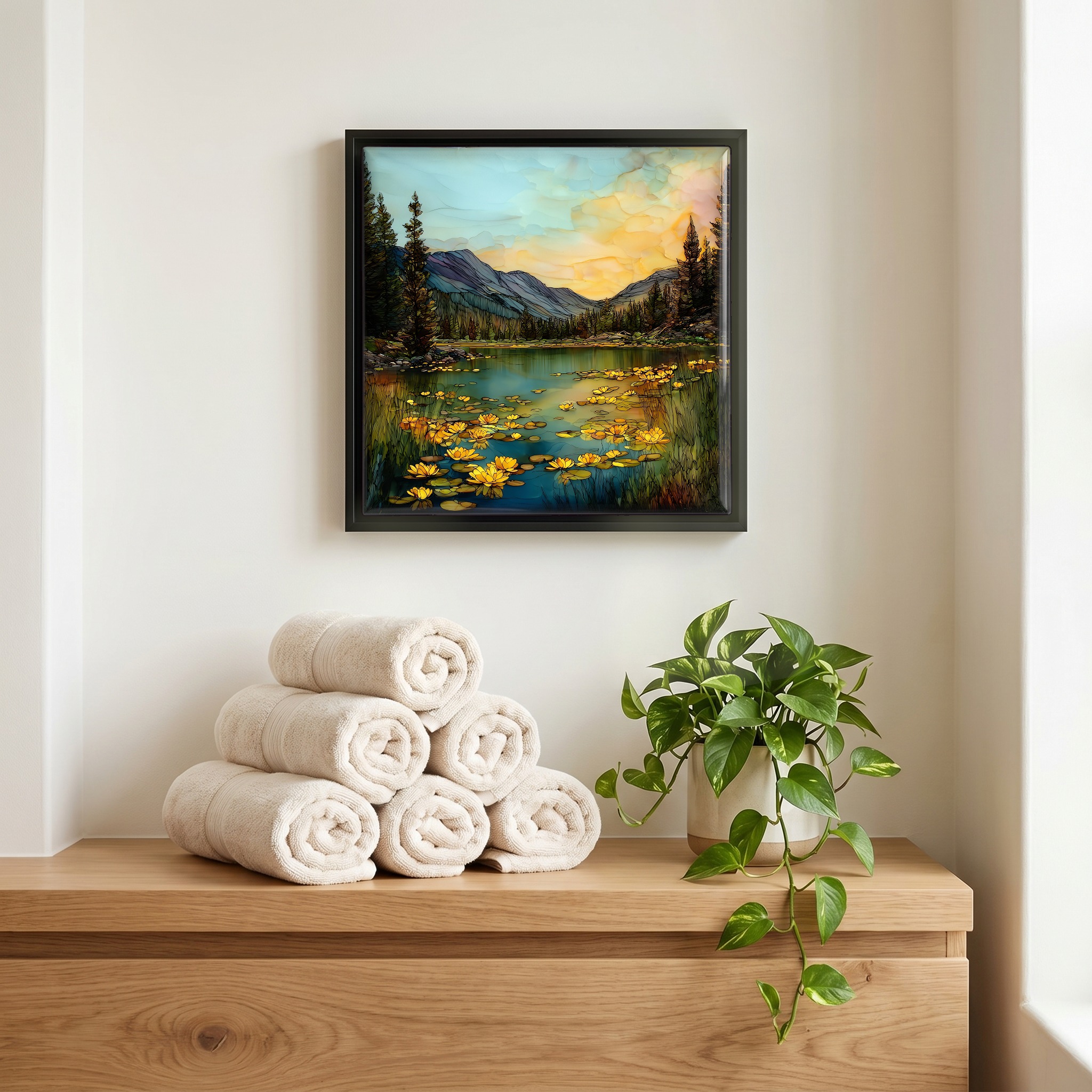 Above the linens, in a slim black surround.