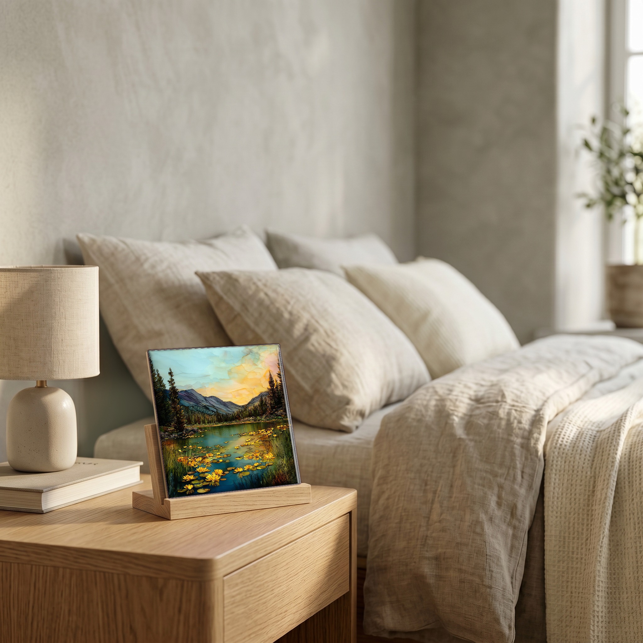 On the nightstand, on a light oak stand.