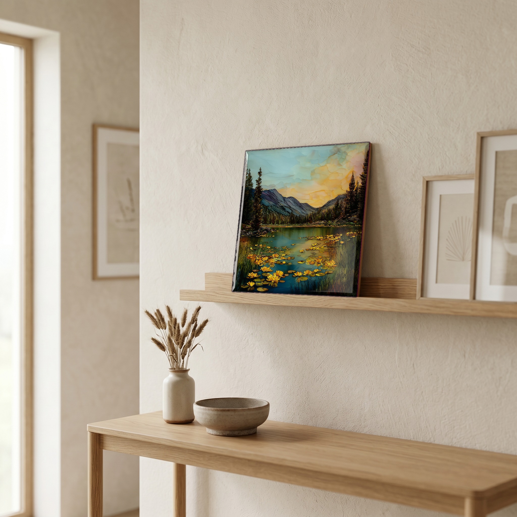 On a picture ledge, where the light comes in.