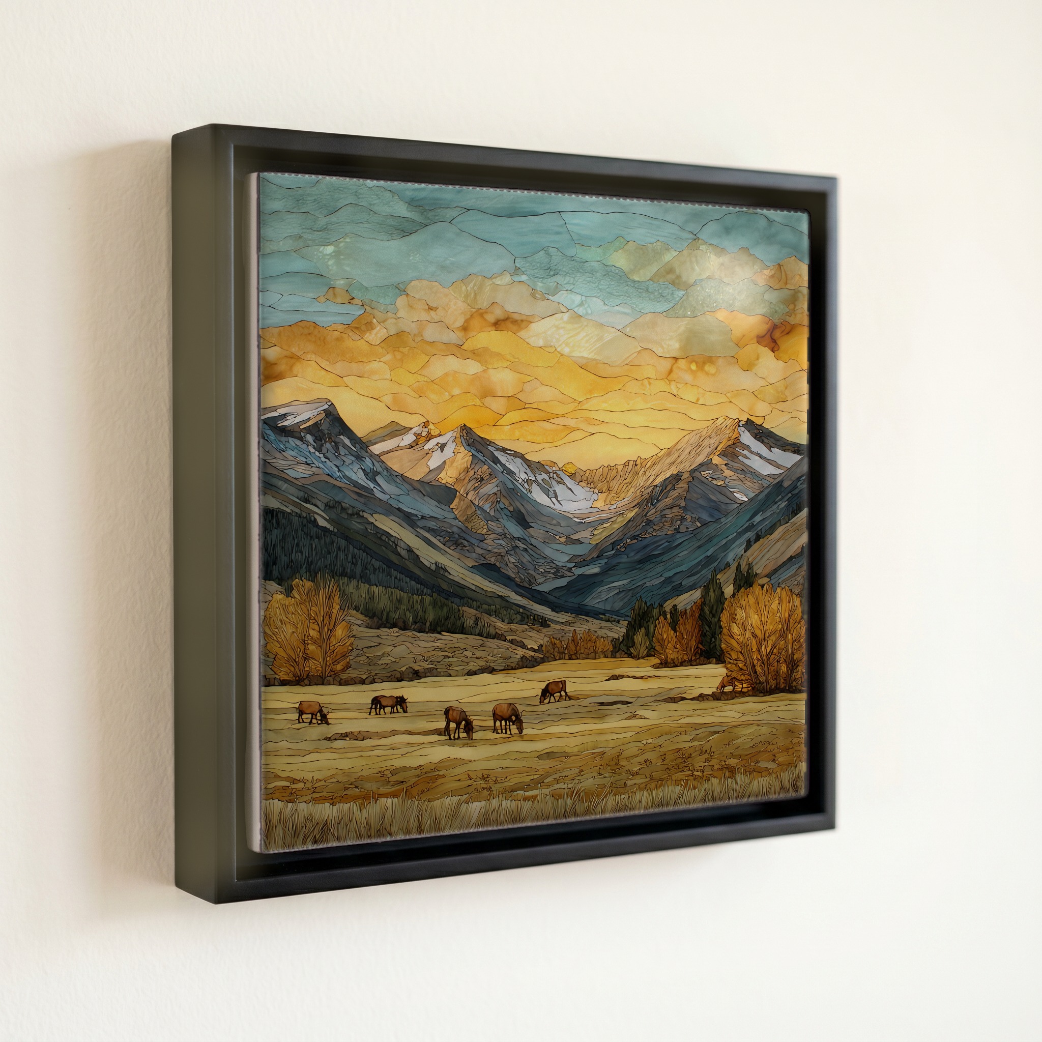 shown in a slim black floating frame · 6 × 6 in