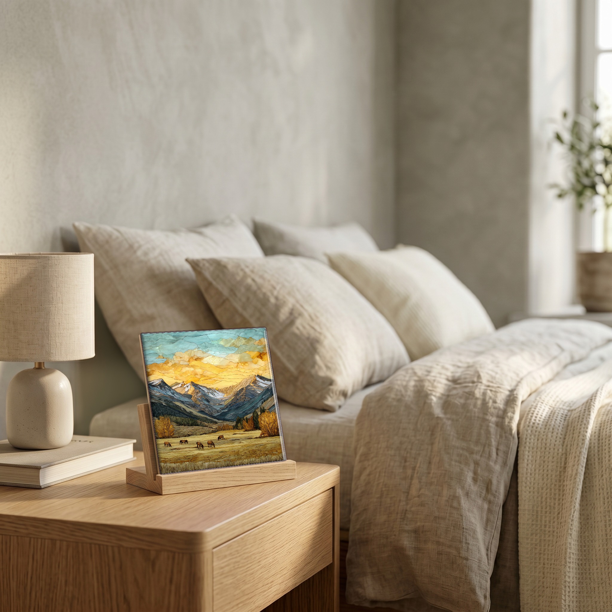 On the nightstand, on a light oak stand.