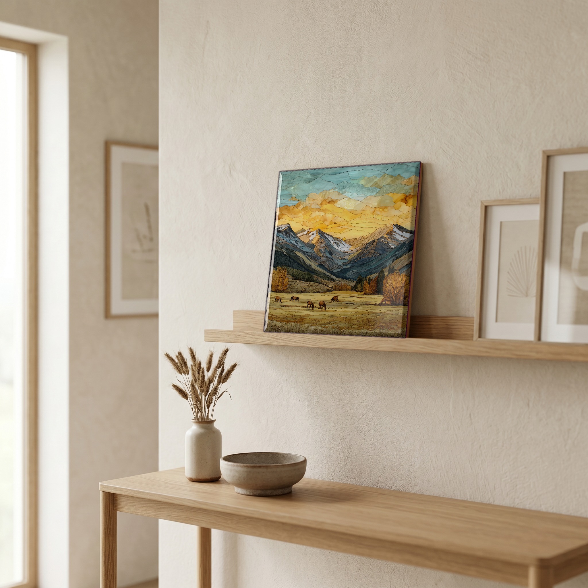 On a picture ledge, where the light comes in.