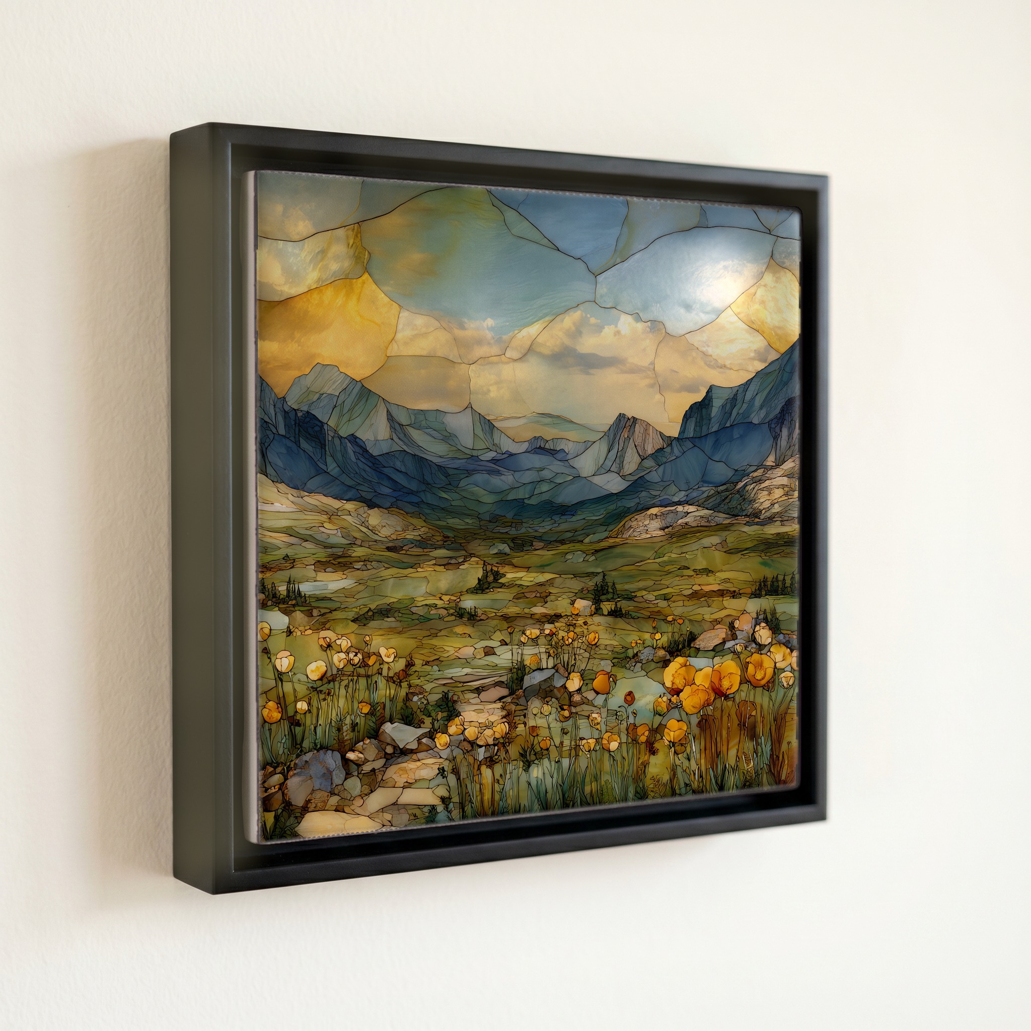 shown in a slim black floating frame · 6 × 6 in