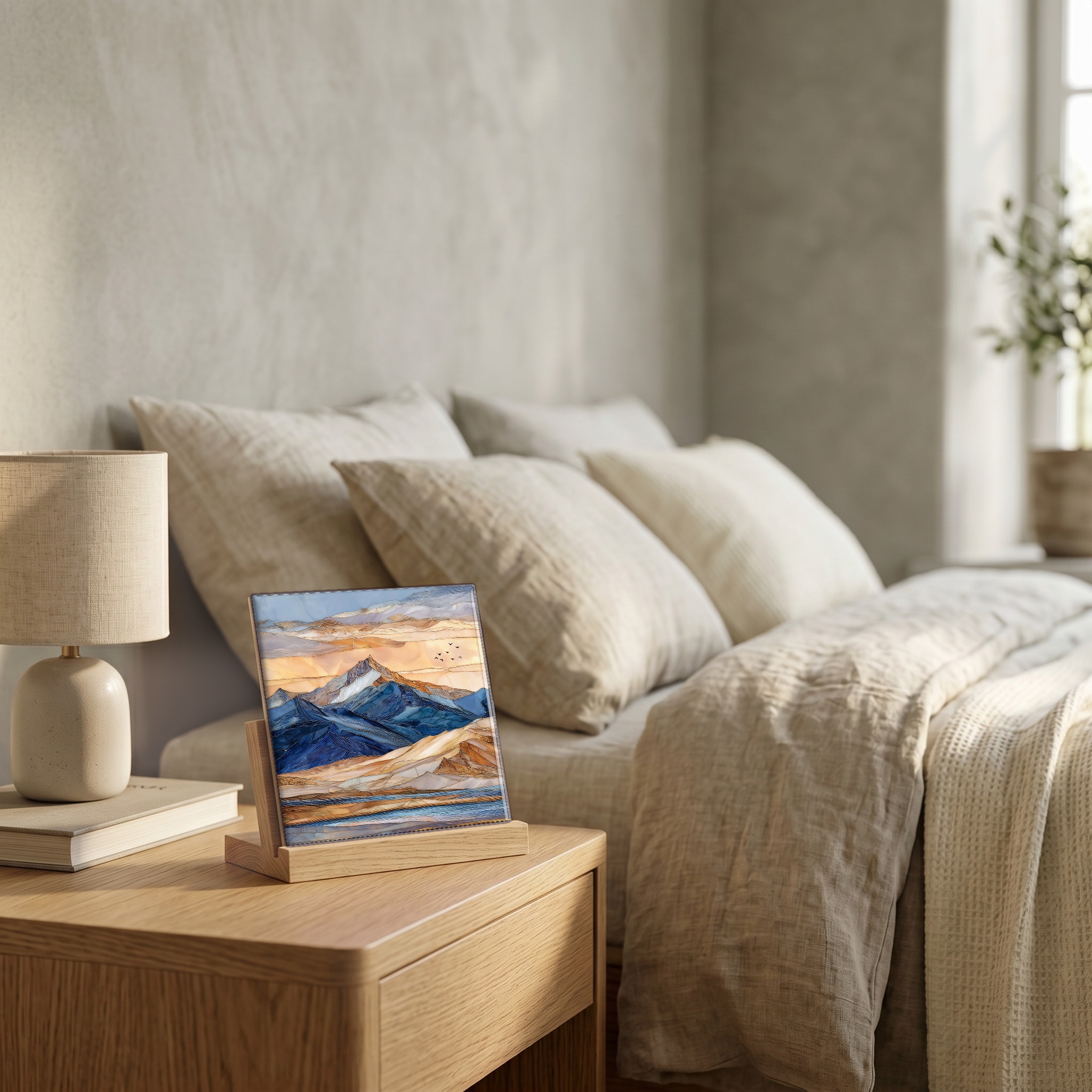 On the nightstand, on a light oak stand.