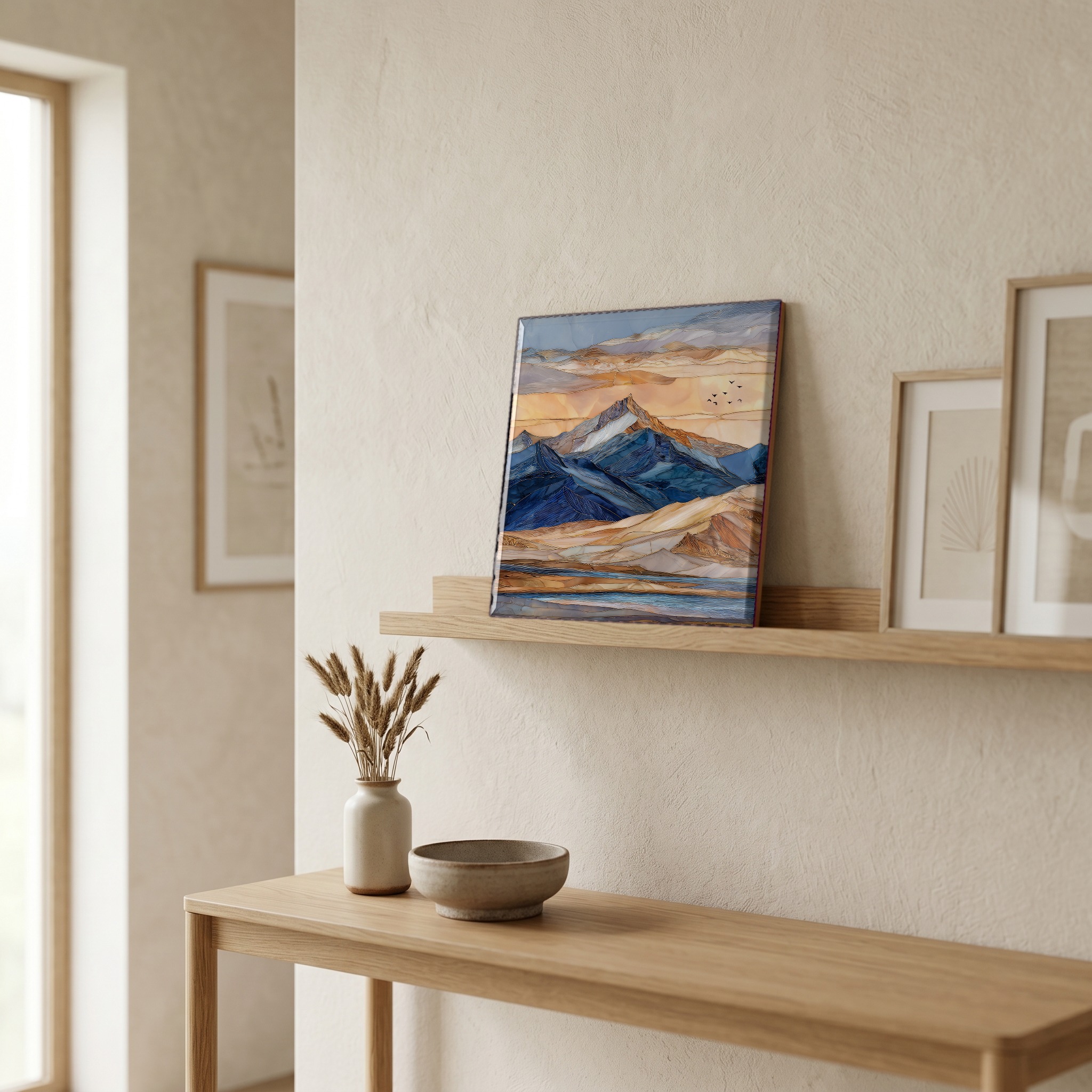 On a picture ledge, where the light comes in.
