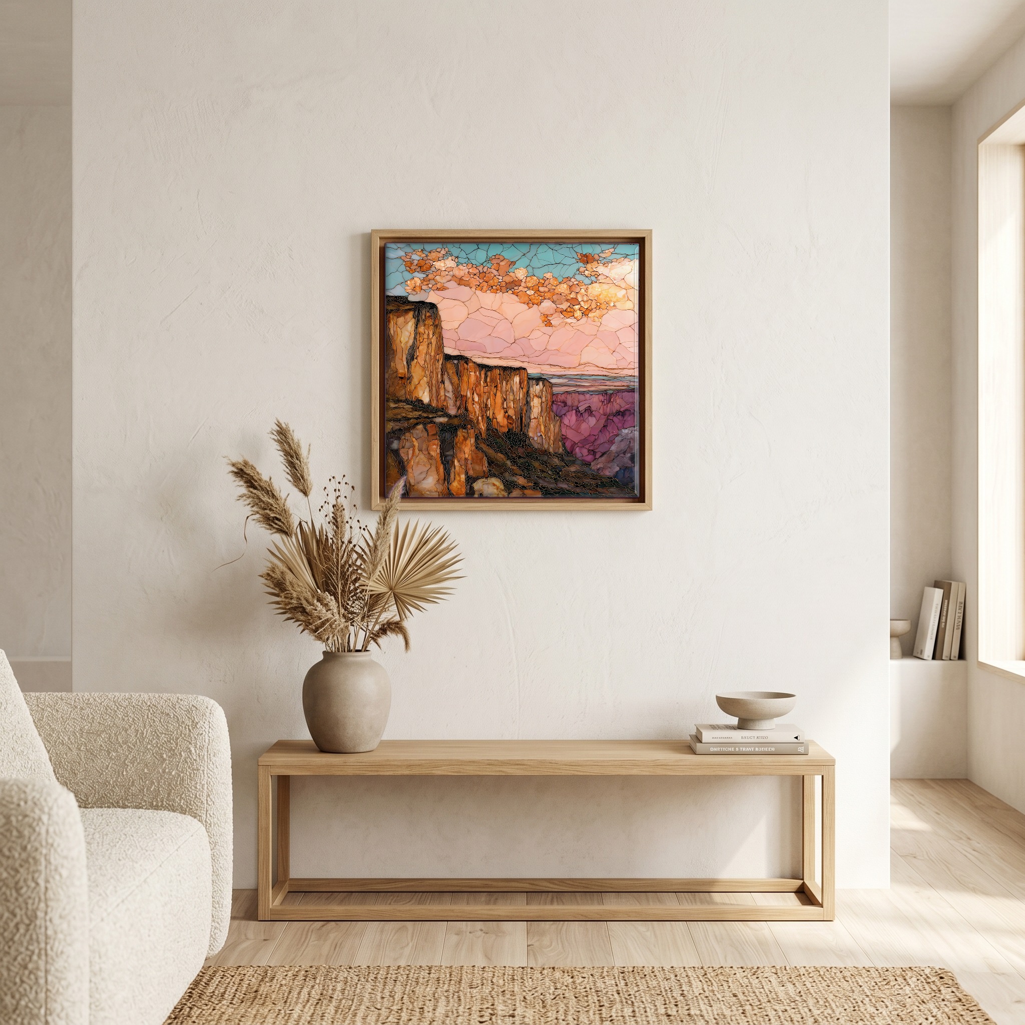 Above the bench, in a warm oak surround.