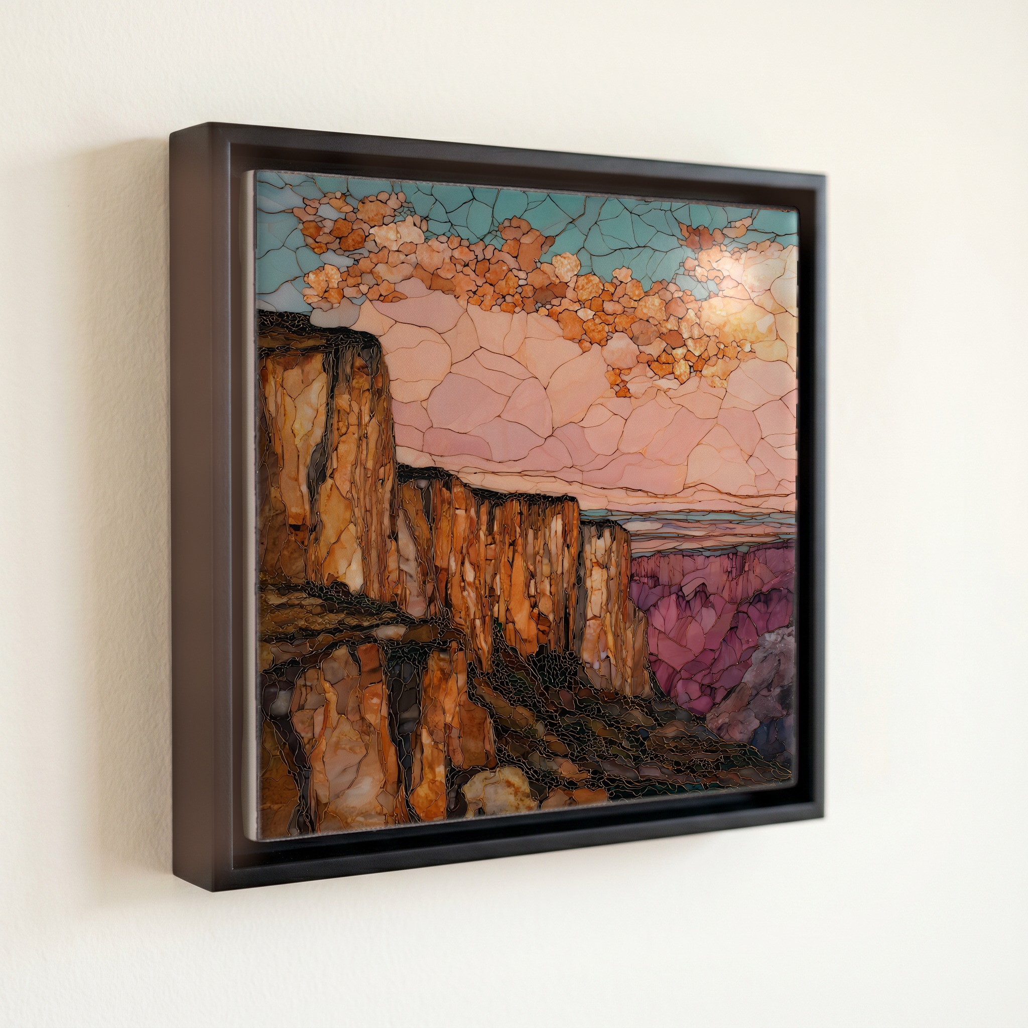 shown in a slim black floating frame · 6 × 6 in