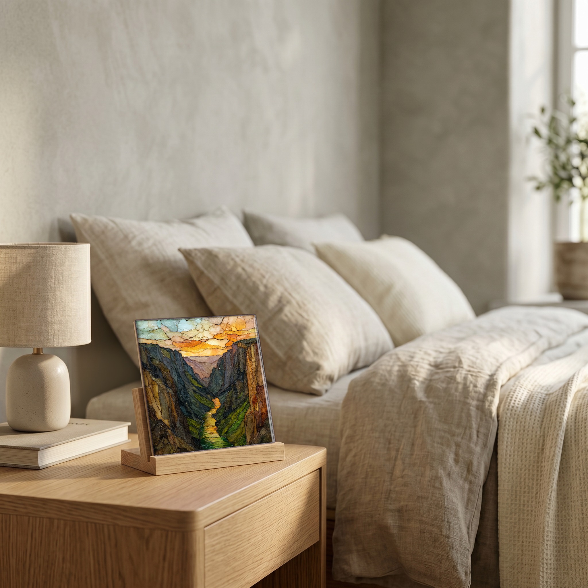 On the nightstand, on a light oak stand.