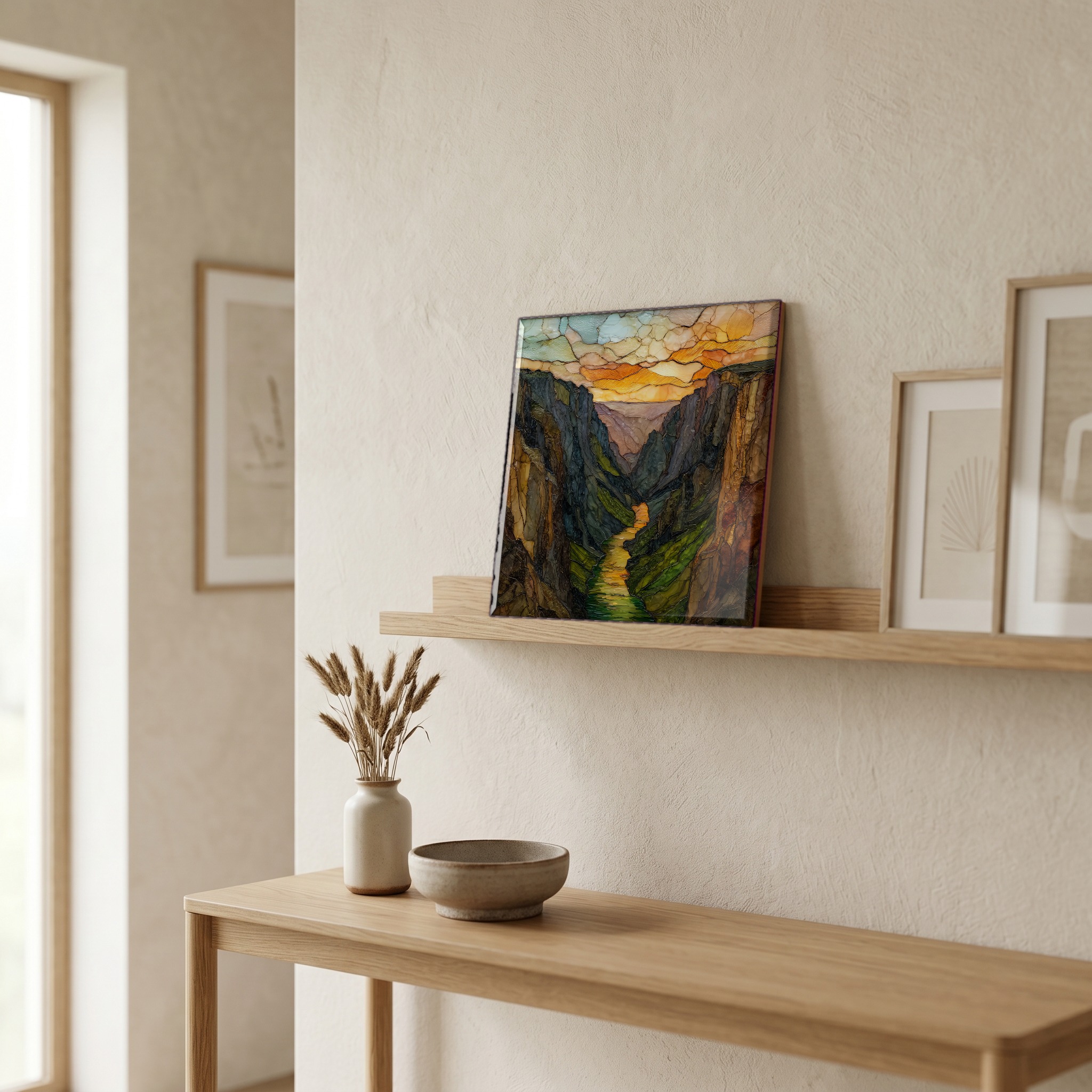 On a picture ledge, where the light comes in.