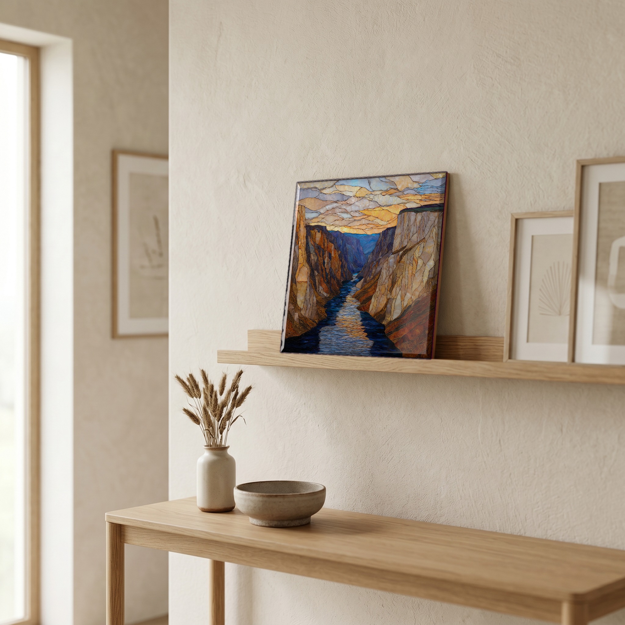 On a picture ledge, where the light comes in.