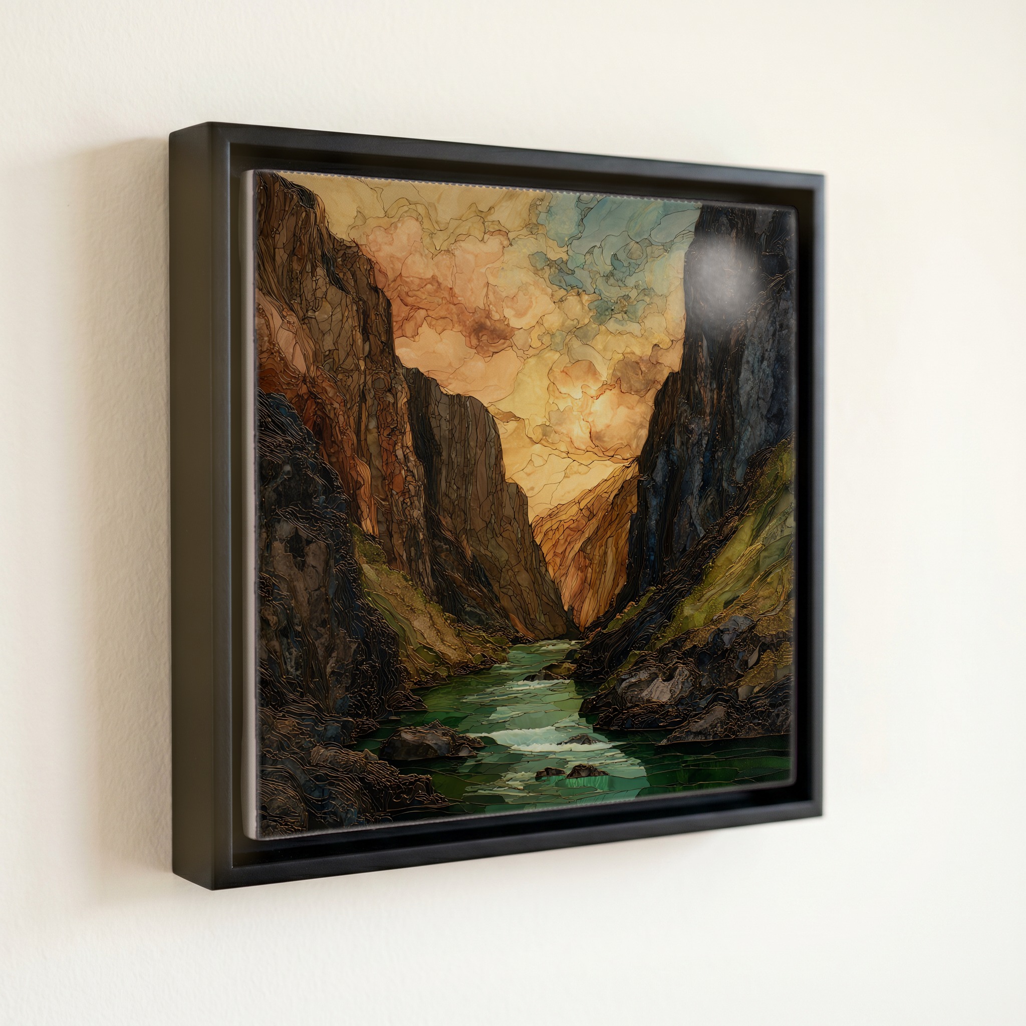 shown in a slim black floating frame · 6 × 6 in