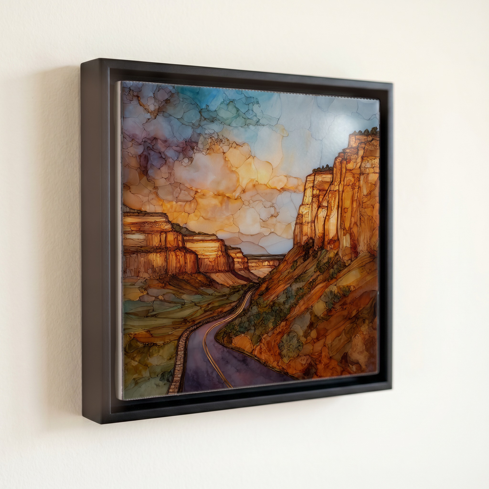 shown in a slim black floating frame · 6 × 6 in