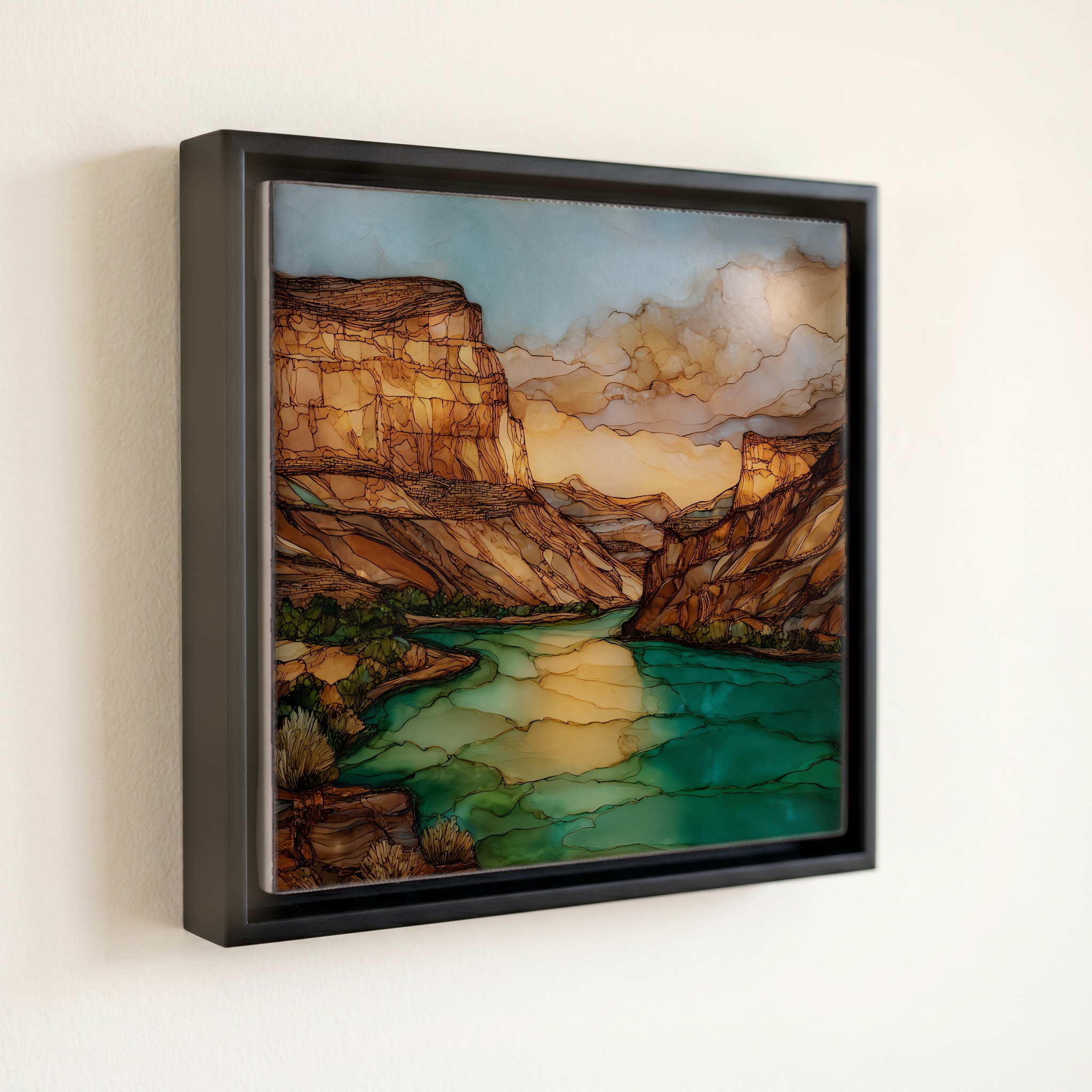 shown in a slim black floating frame · 6 × 6 in