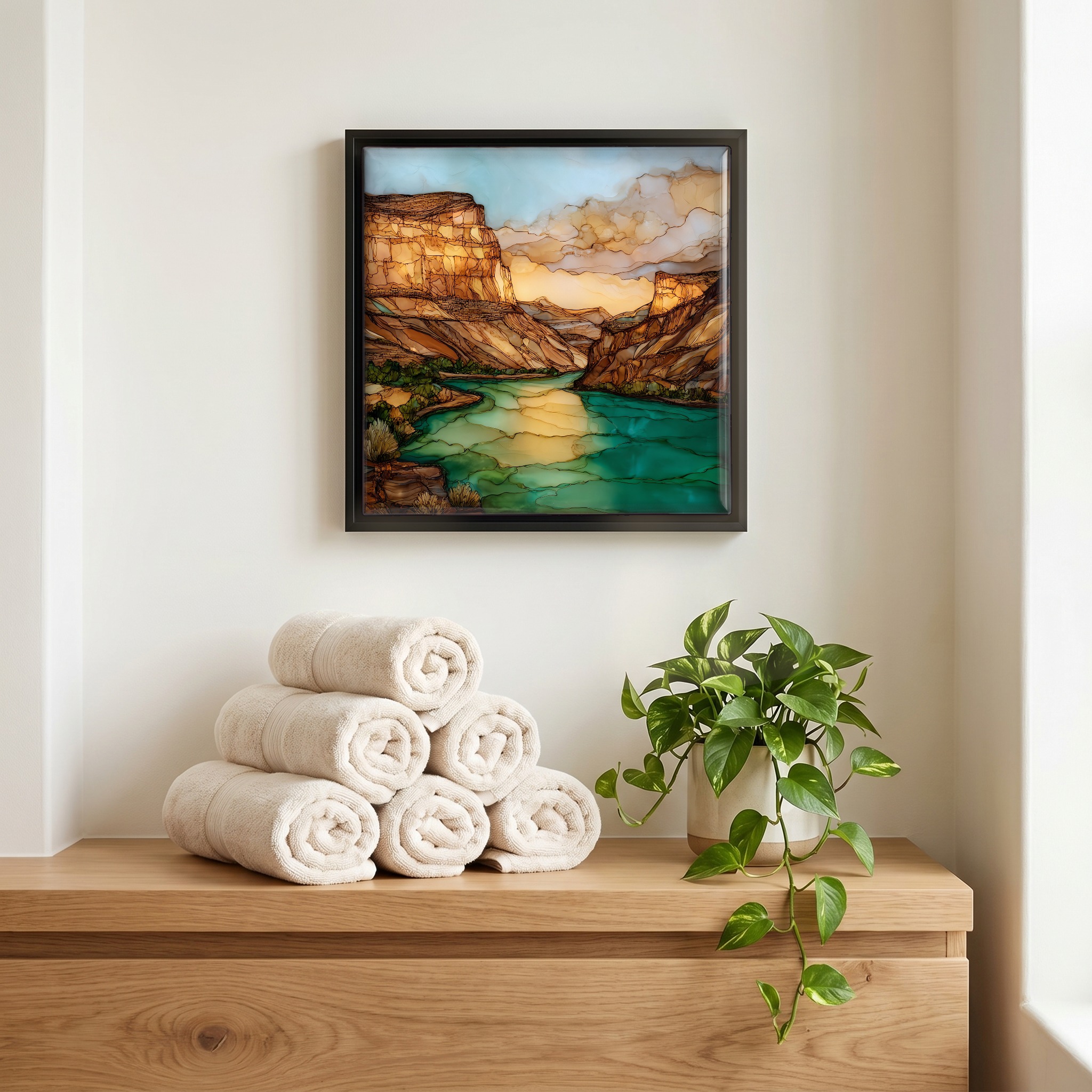 Above the linens, in a slim black surround.