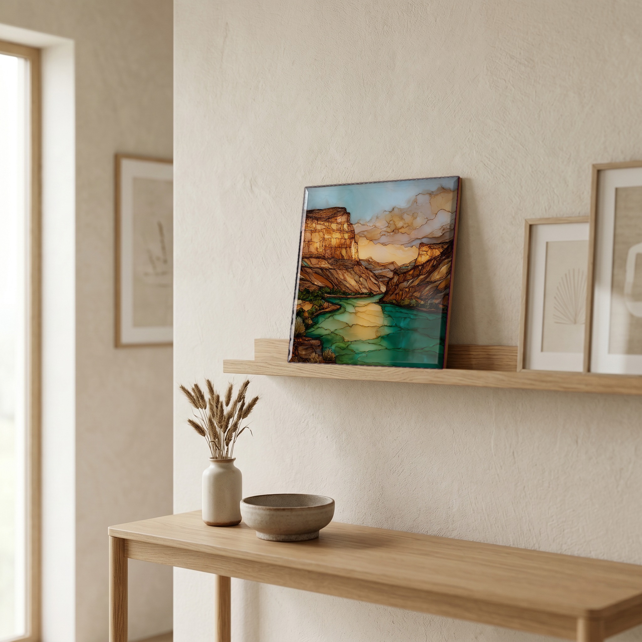 On a picture ledge, where the light comes in.