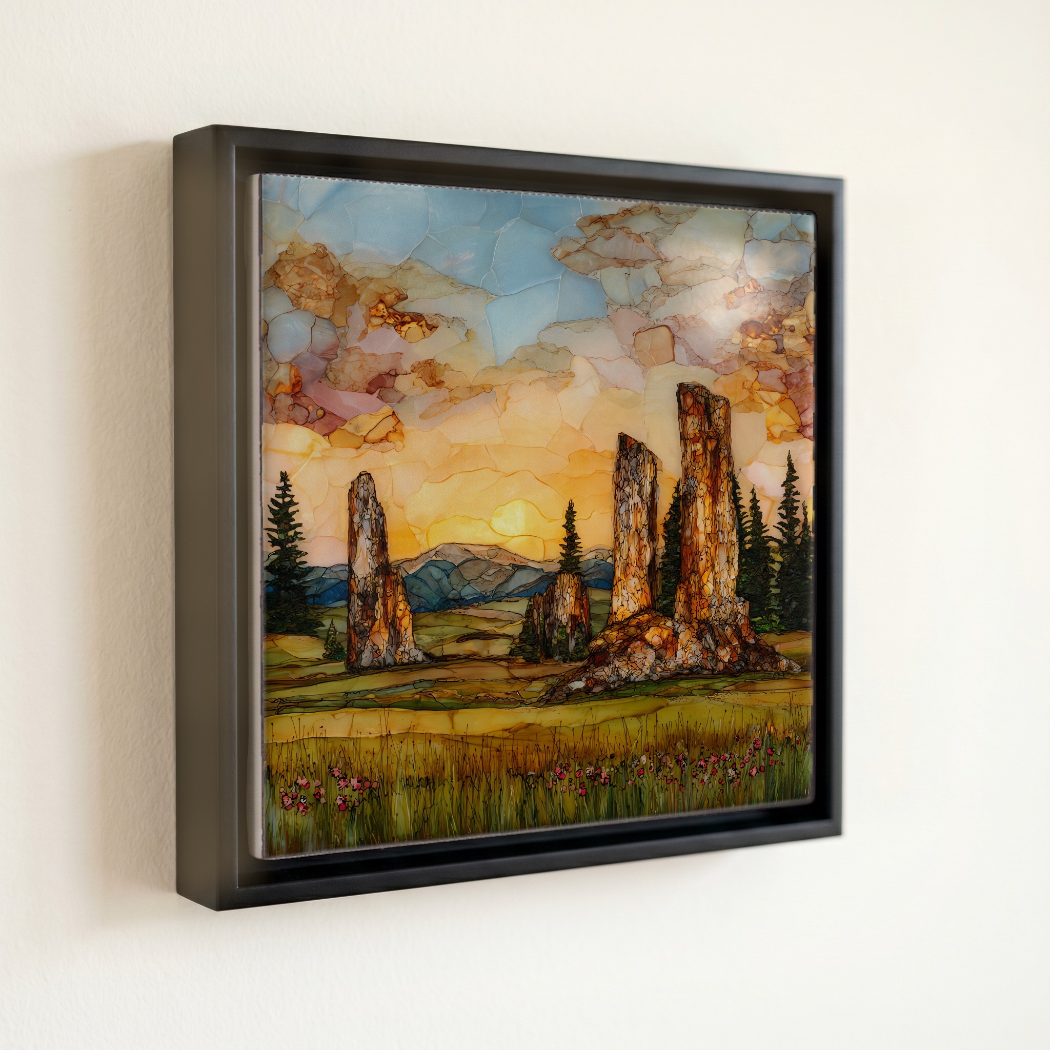 shown in a slim black floating frame · 6 × 6 in