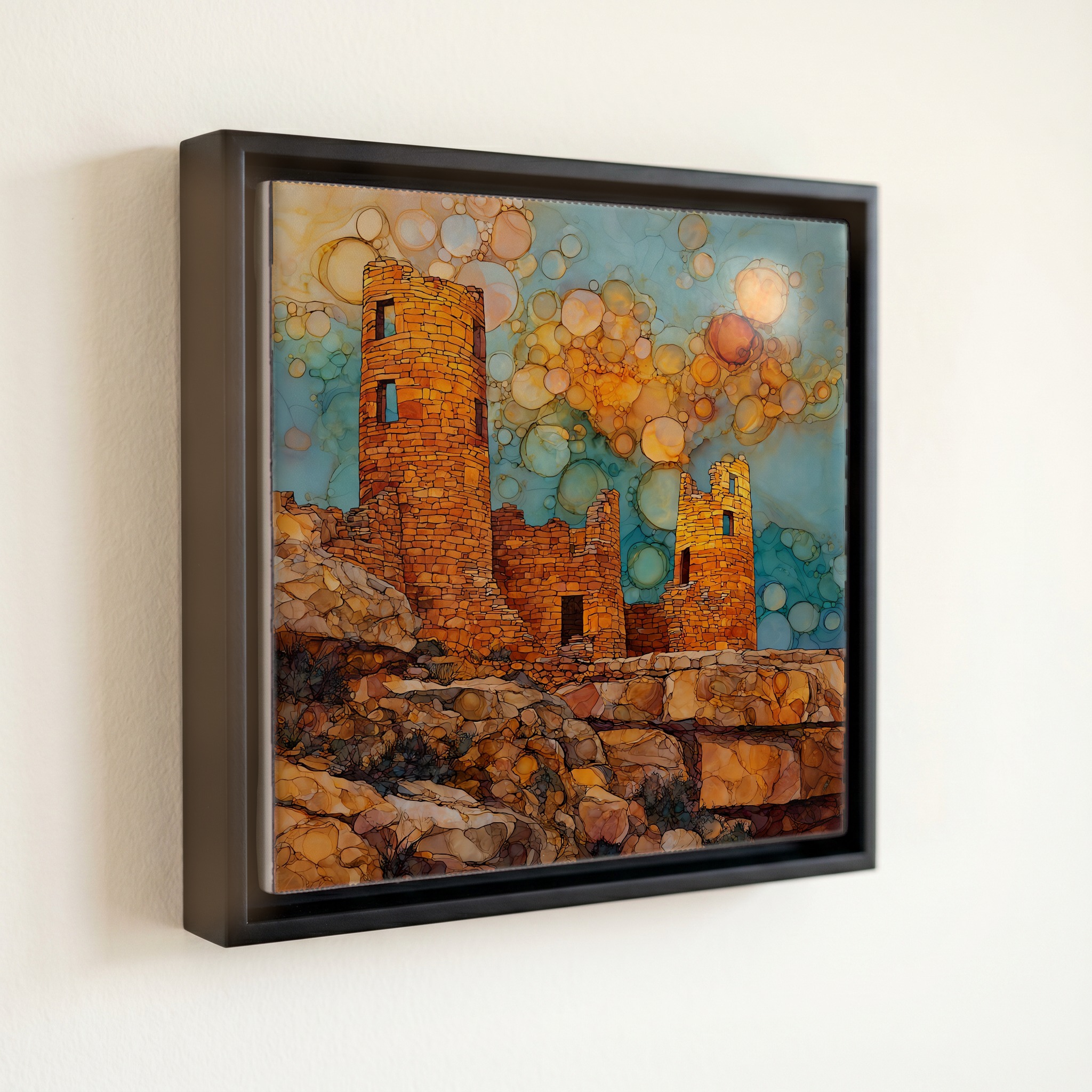 shown in a slim black floating frame · 6 × 6 in